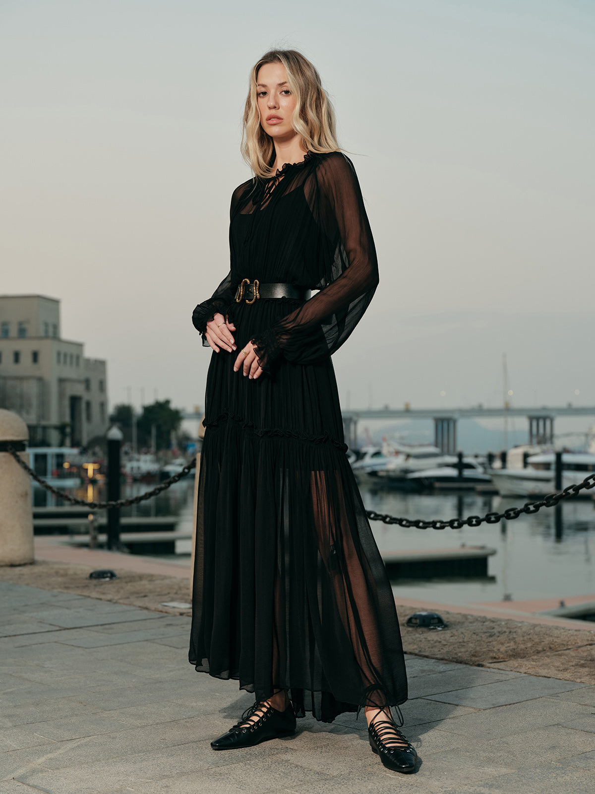 Tyrial Ruffled Chiffon Semi-Sheer Dress