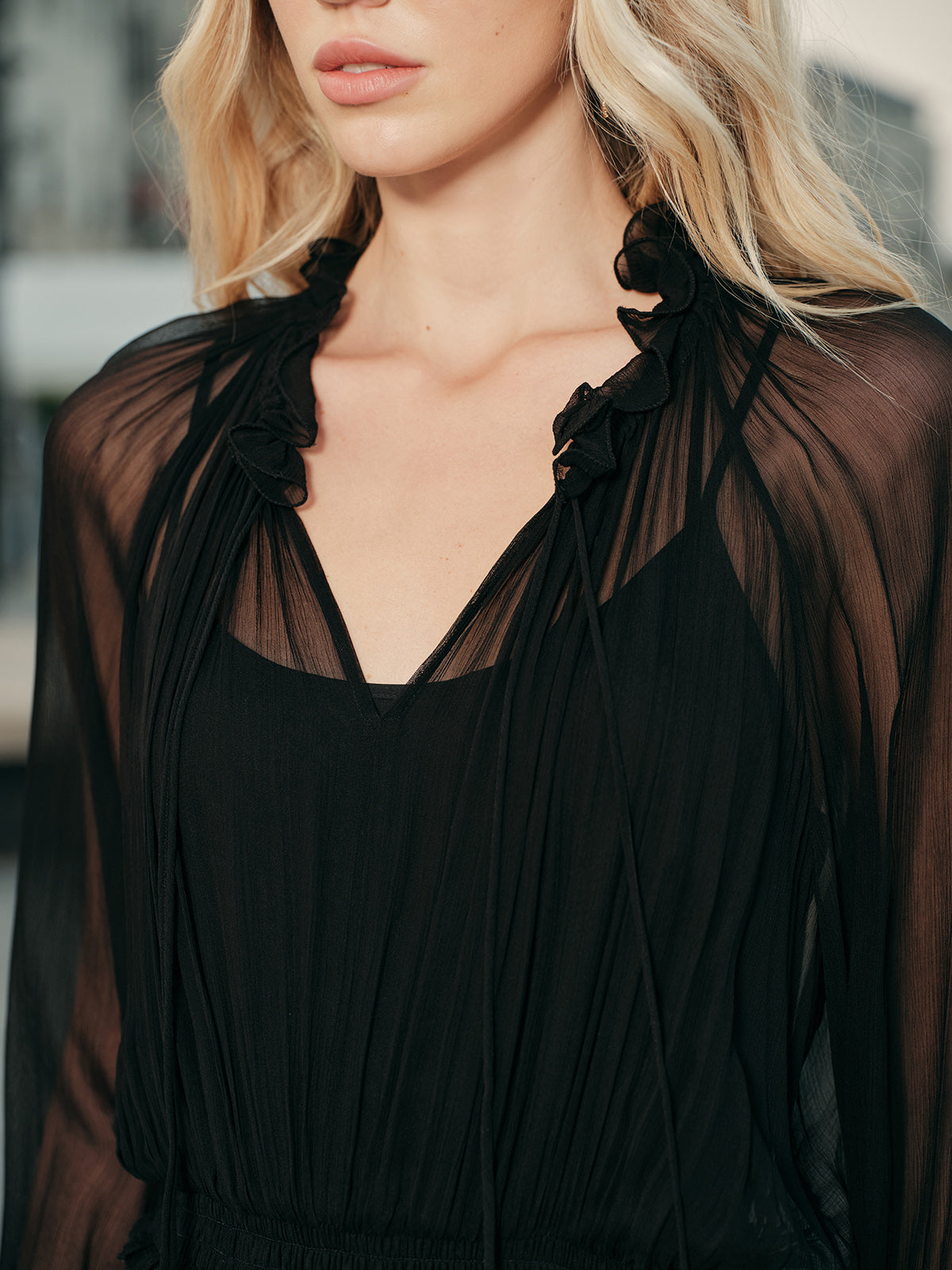 Tyrial Ruffled Chiffon Semi-Sheer Dress