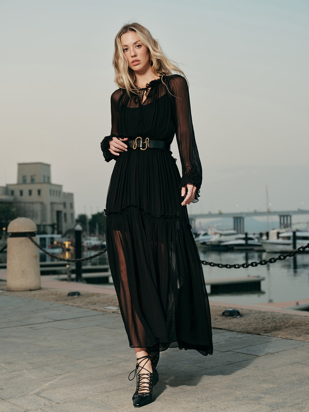 Tyrial Ruffled Chiffon Semi-Sheer Dress