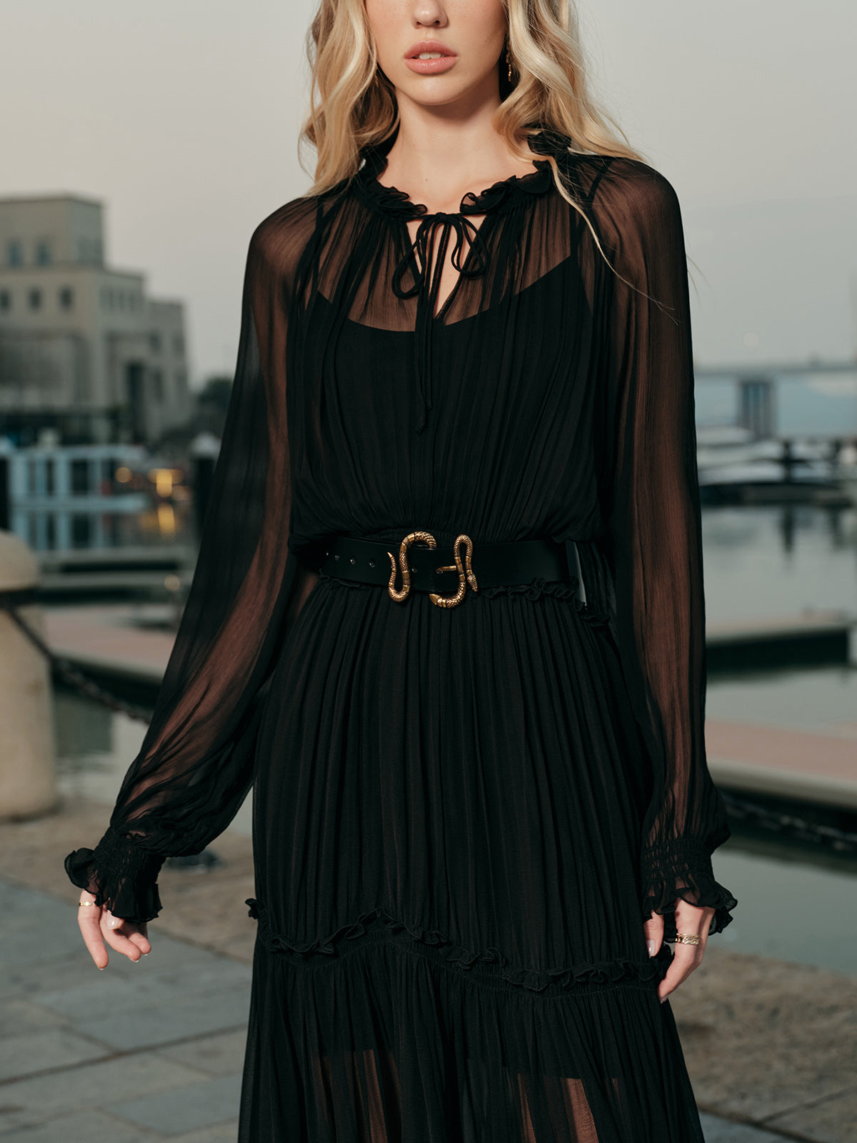 Tyrial Ruffled Chiffon Semi-Sheer Dress