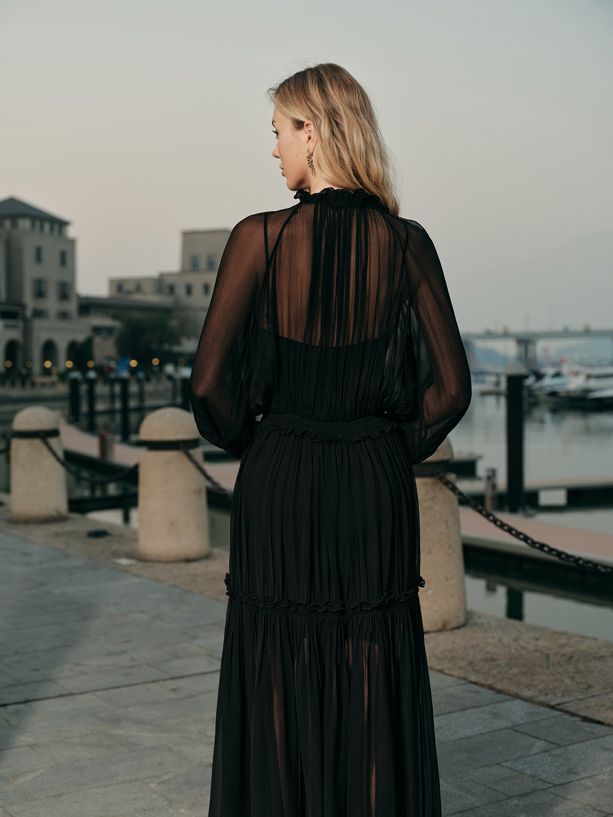 Tyrial Ruffled Chiffon Semi-Sheer Dress