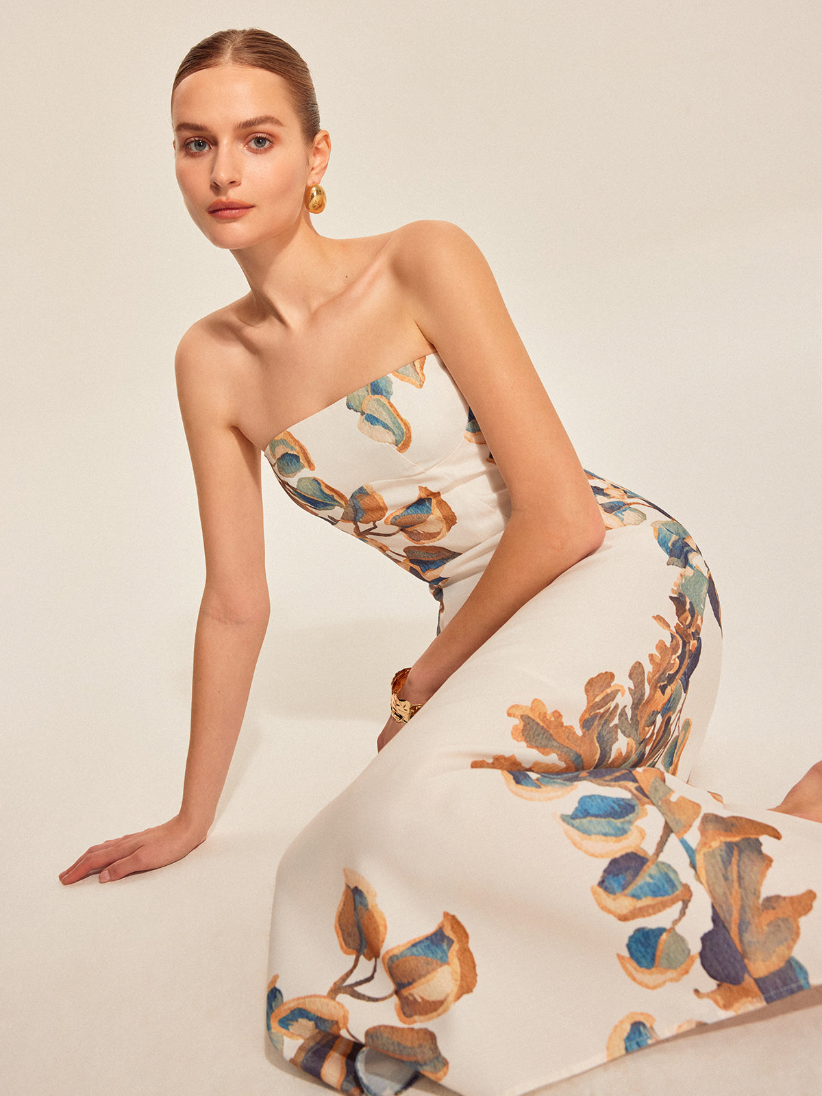 Kilvys Floral Print Strapless Dress