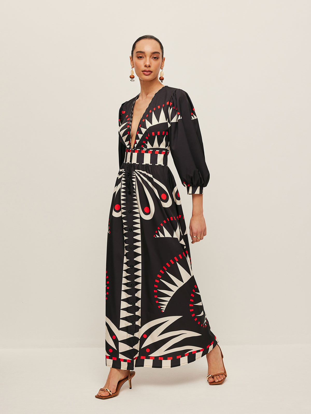 Zileth Boho Print V-Neck Split Klänning