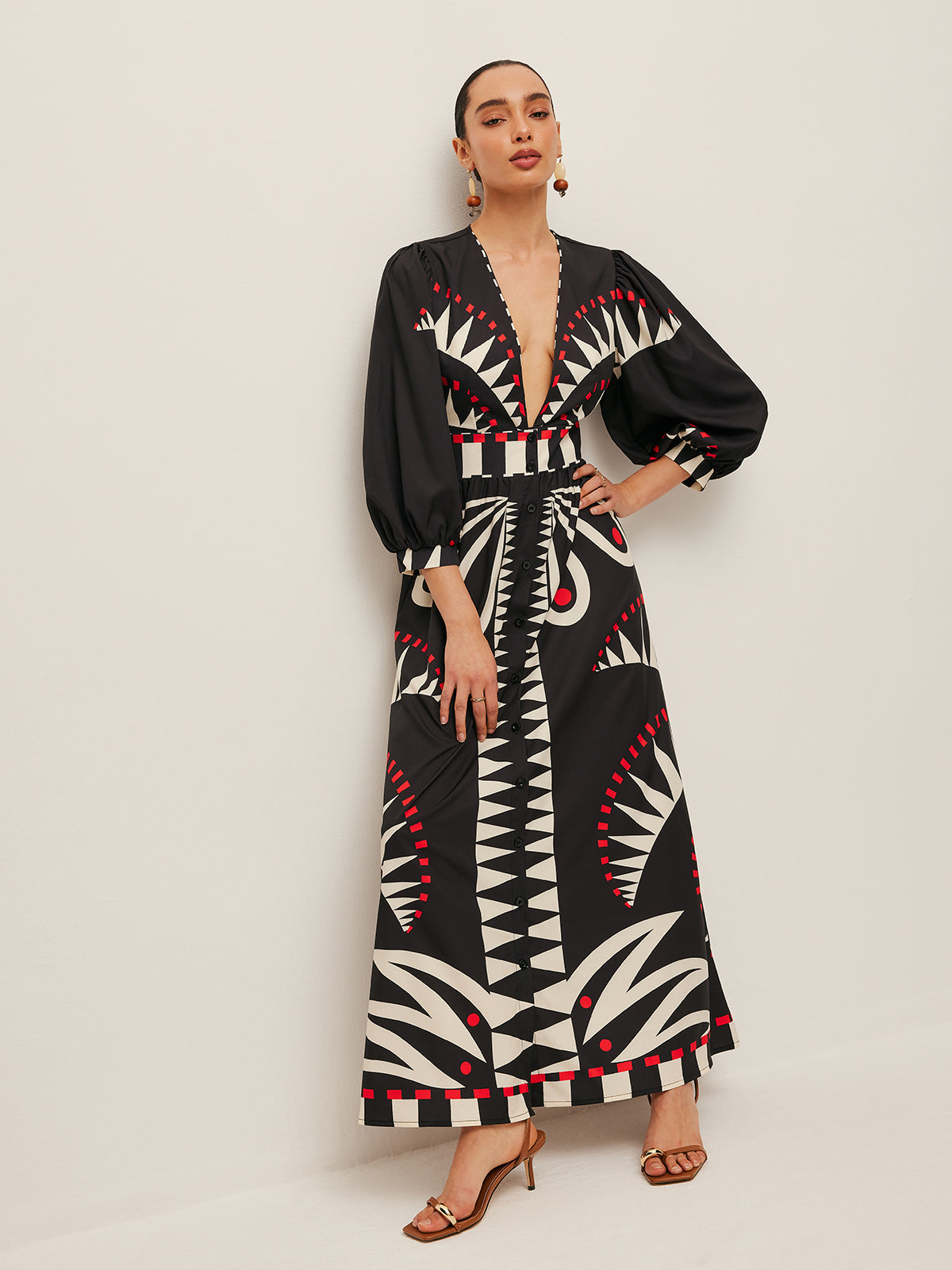 Zileth Boho Print V-Neck Split Klänning