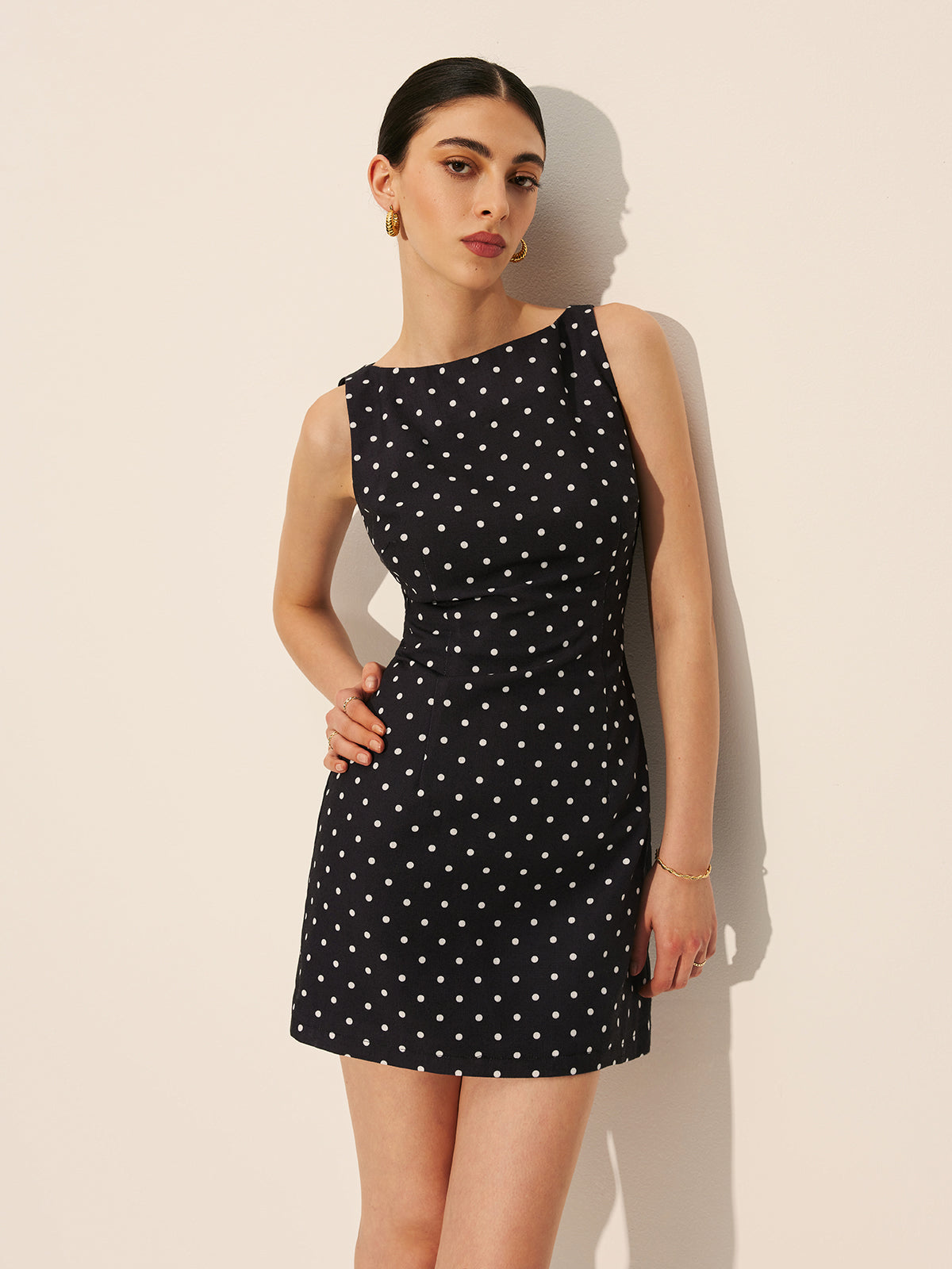Jaeliel Polka Dot Zipper Crew Neck Short Dress