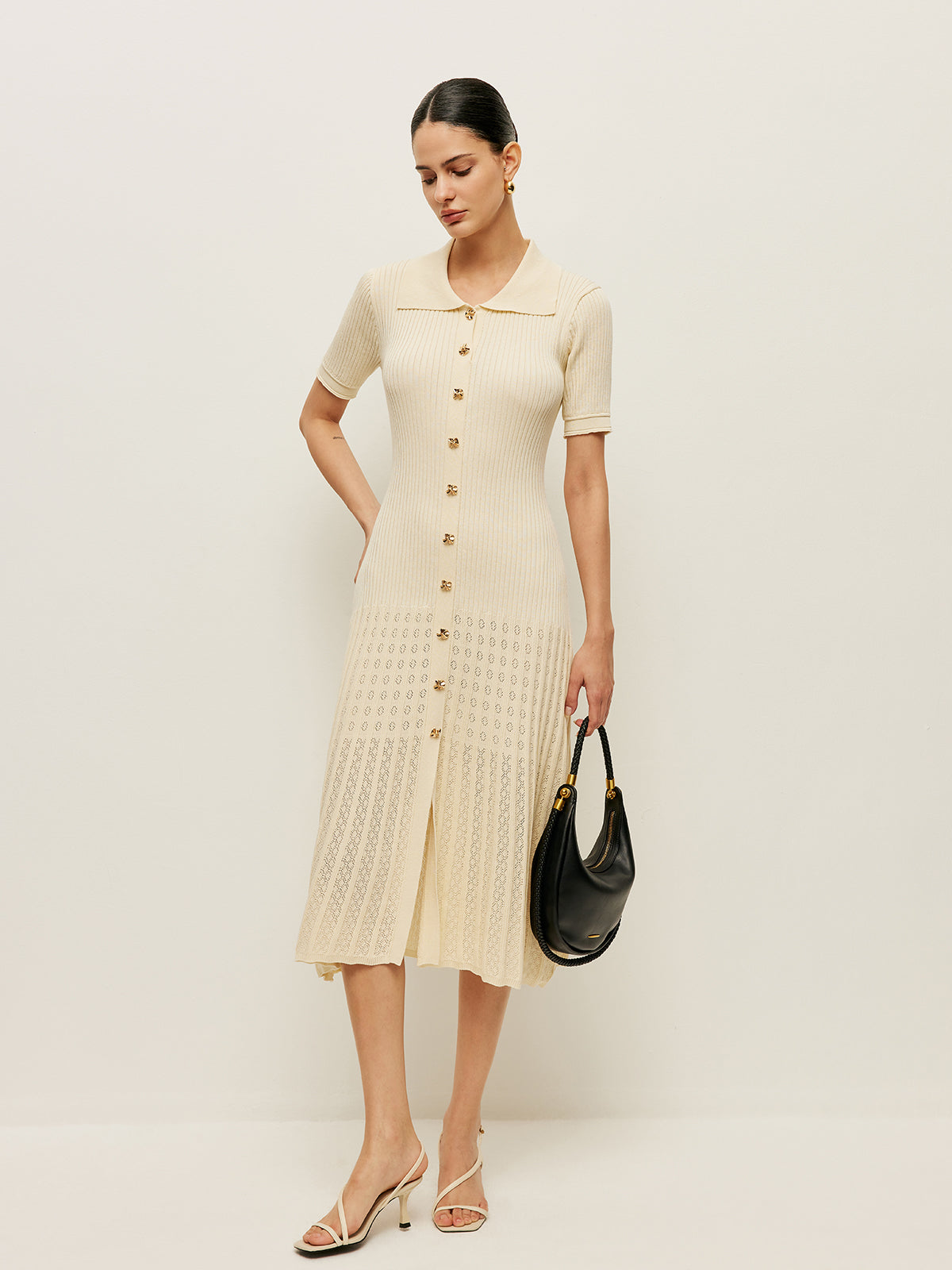 Iselviel Knit Hollow Buttoned Polo Dress