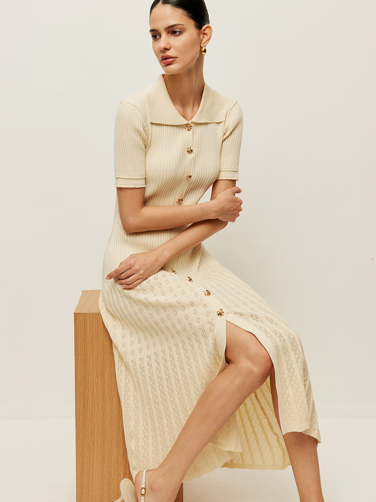 Iselviel Knit Hollow Buttoned Polo Dress