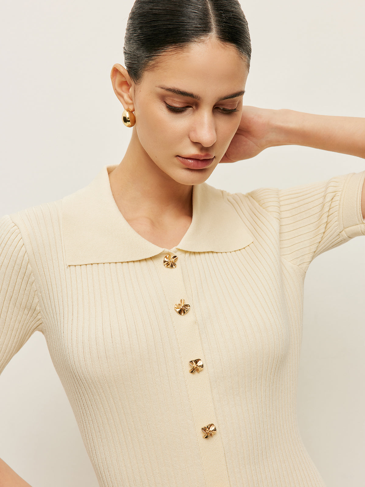 Iselviel Knit Hollow Buttoned Polo Dress