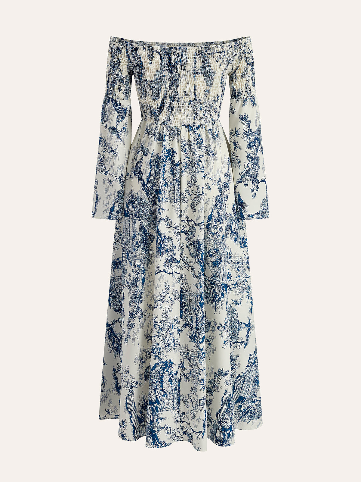 Schulterfreies Kleid mit gesmokten Ärmeln und Lumilace-Print