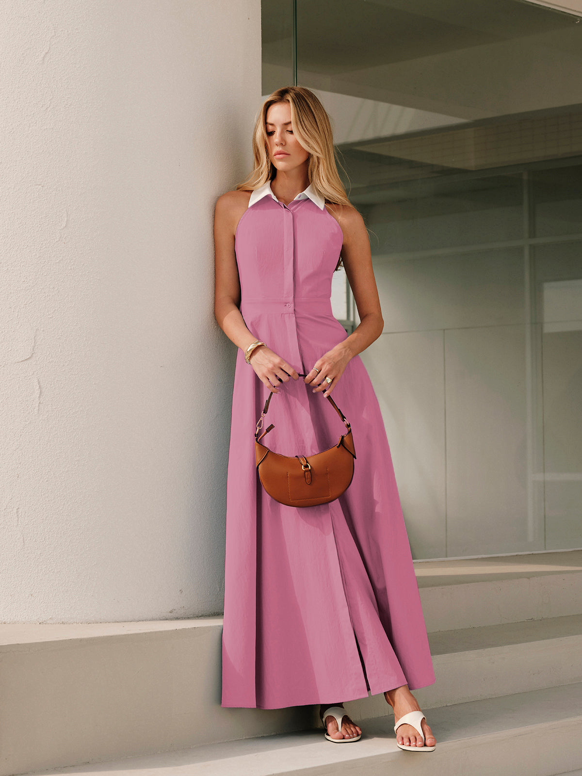 Ärmelloses Viza-Kleid mit Knopfleiste und Kragen