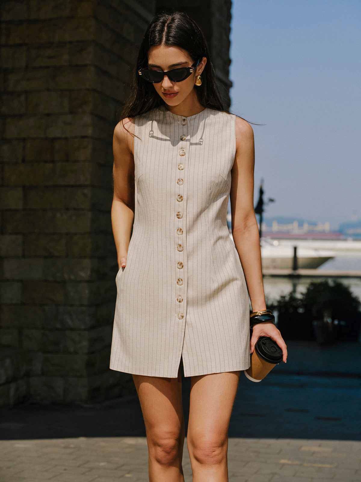 Reveira Linen Blend Button-Front Dress With Pockets