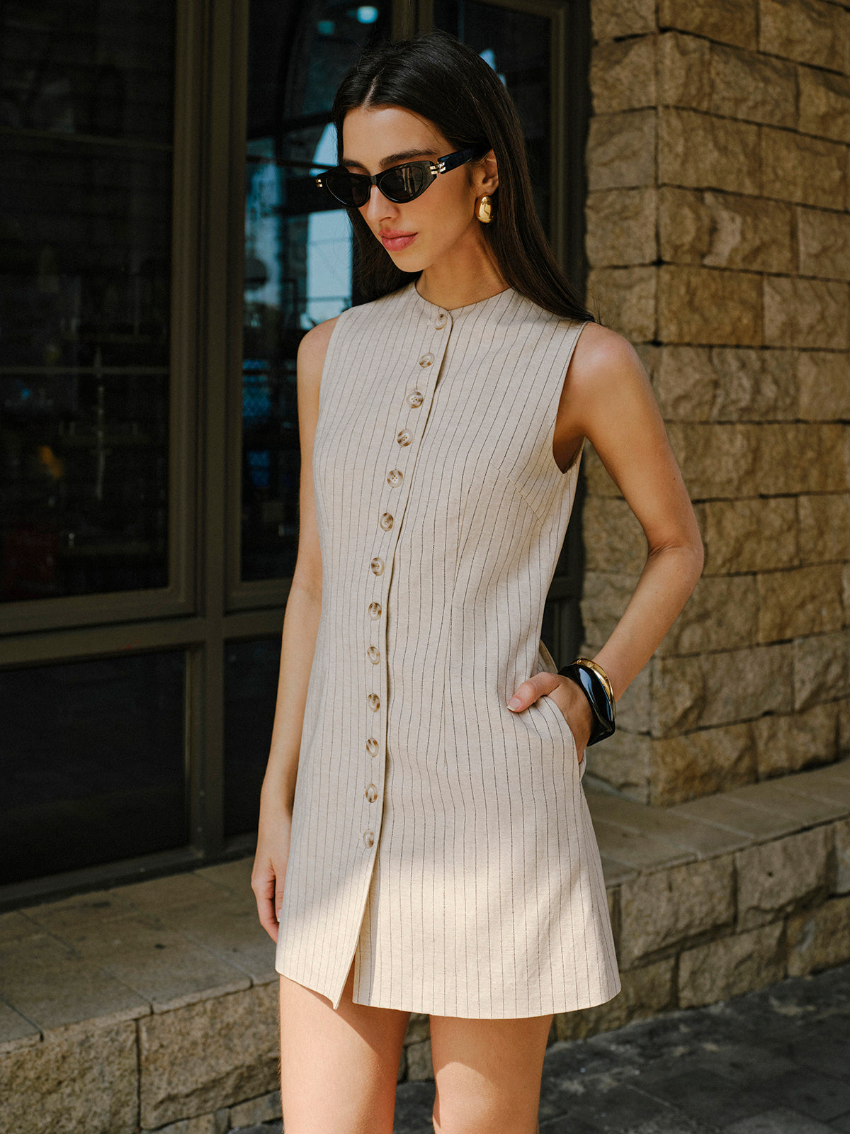 Reveira Linen Blend Button-Front Dress With Pockets