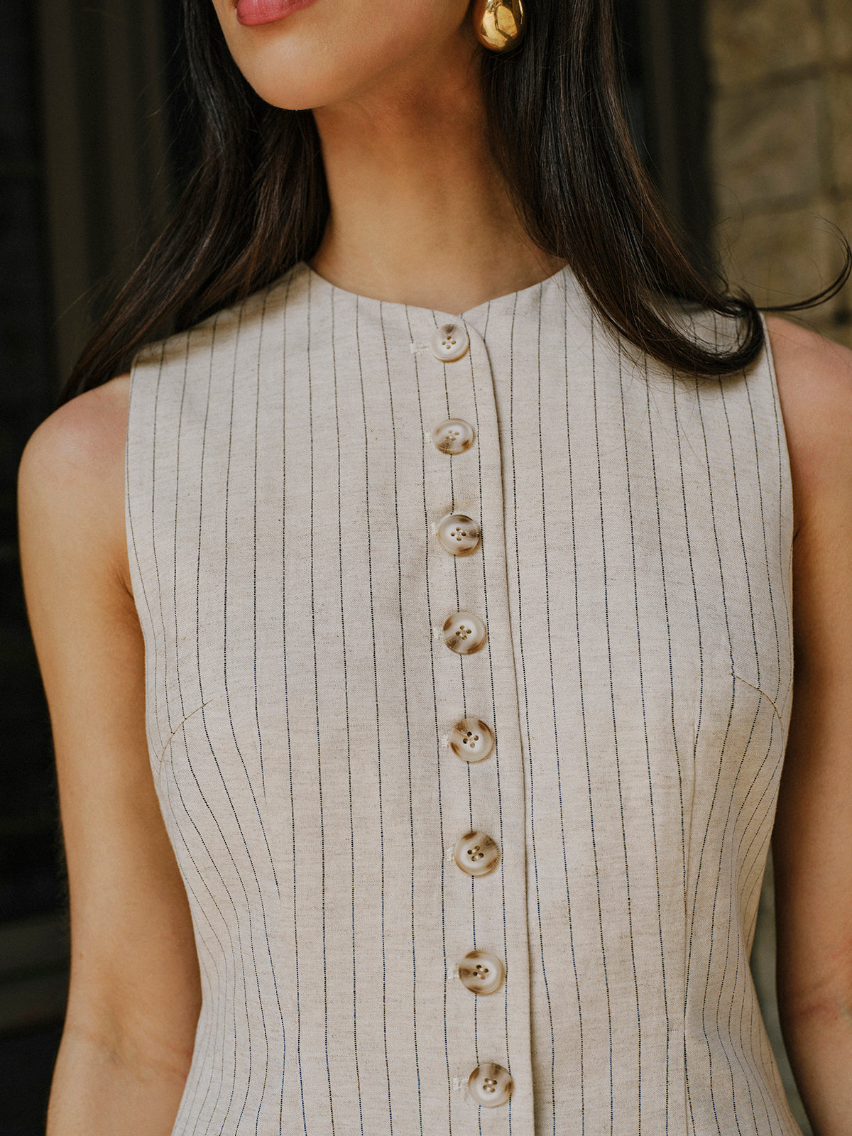 Reveira Linen Blend Button-Front Dress With Pockets
