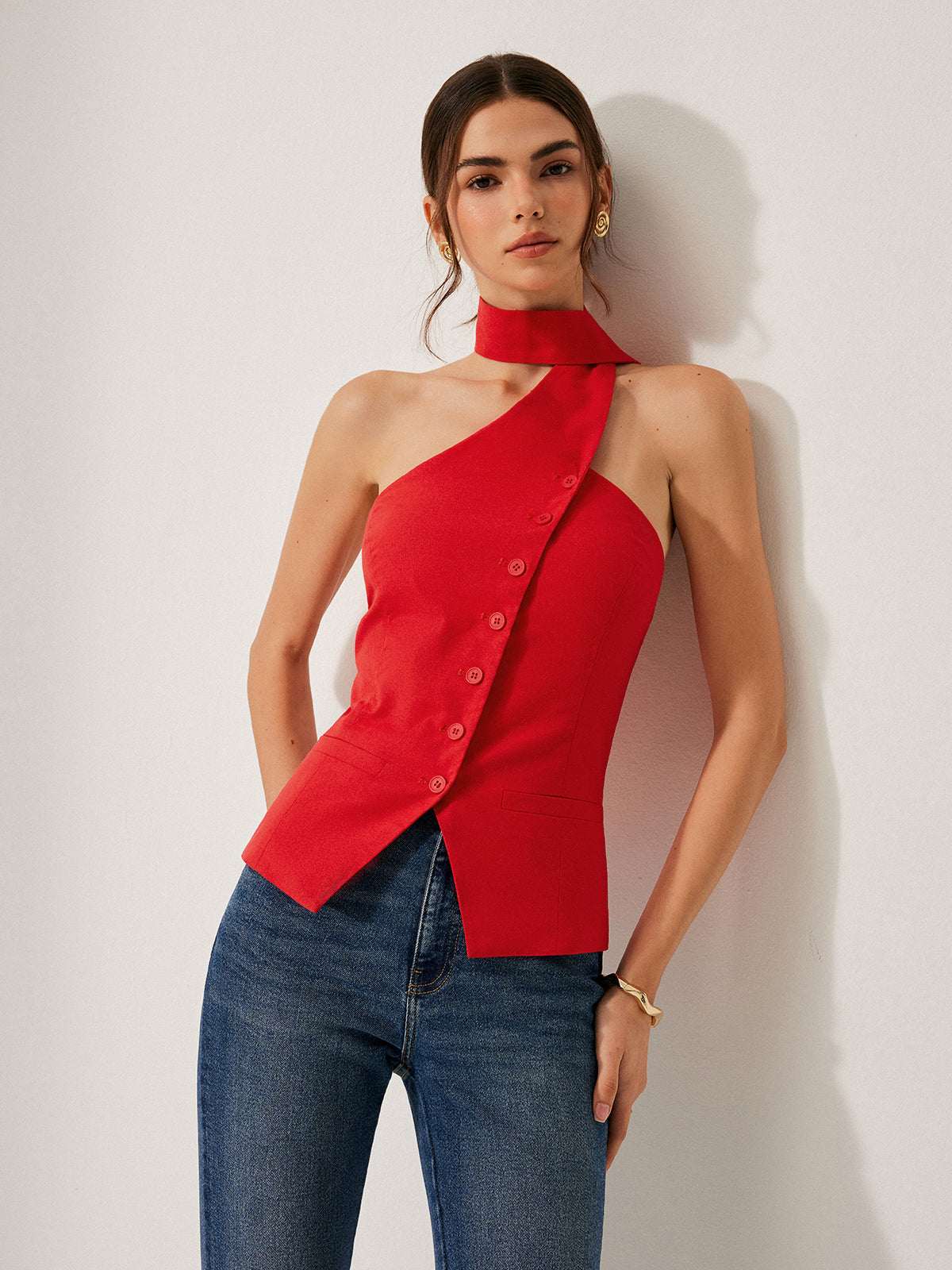 Nesira Neckholder-Top aus Baumwolle und Leinen mit dekorativen Taschen