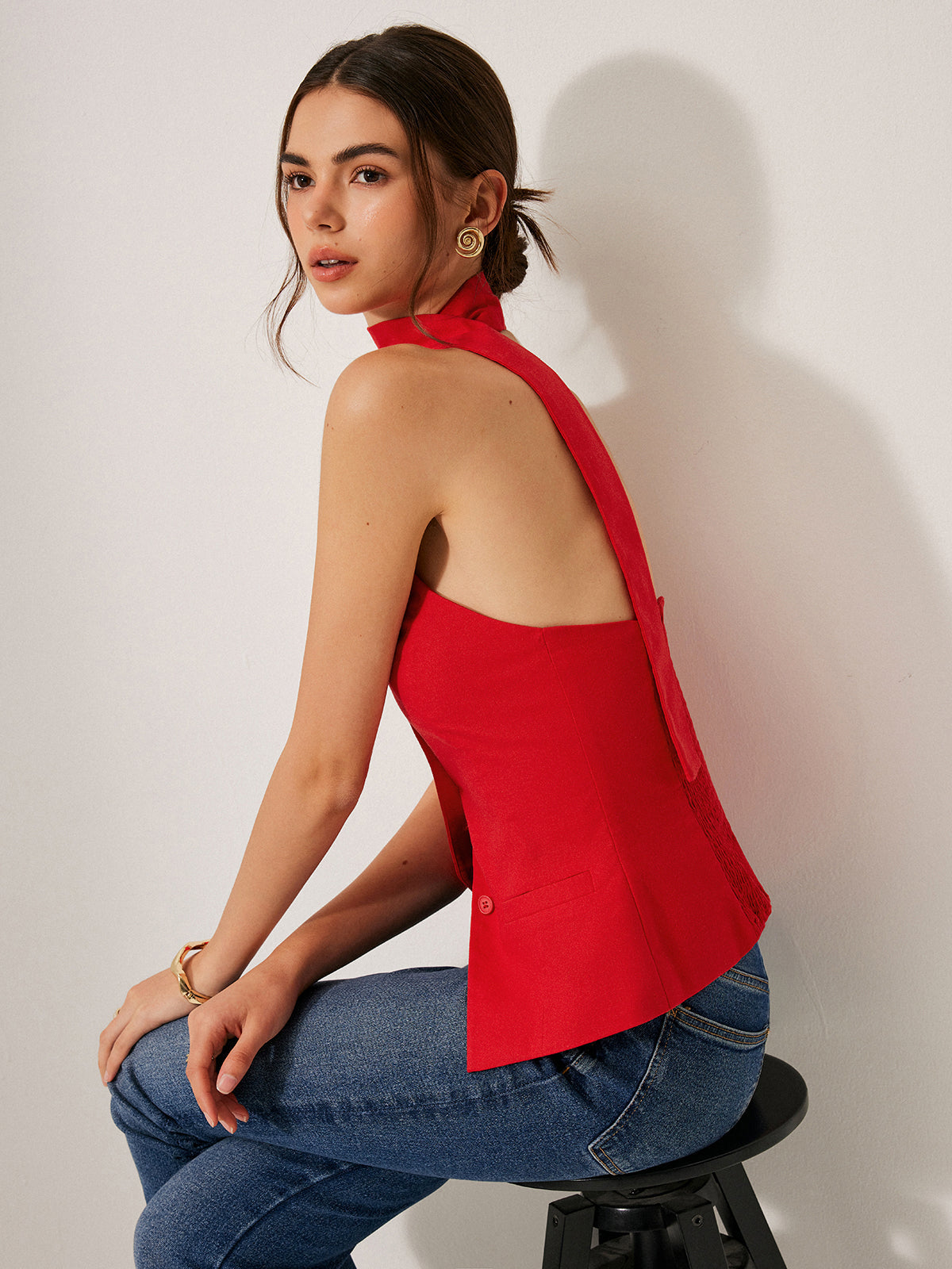 Nesira Neckholder-Top aus Baumwolle und Leinen mit dekorativen Taschen