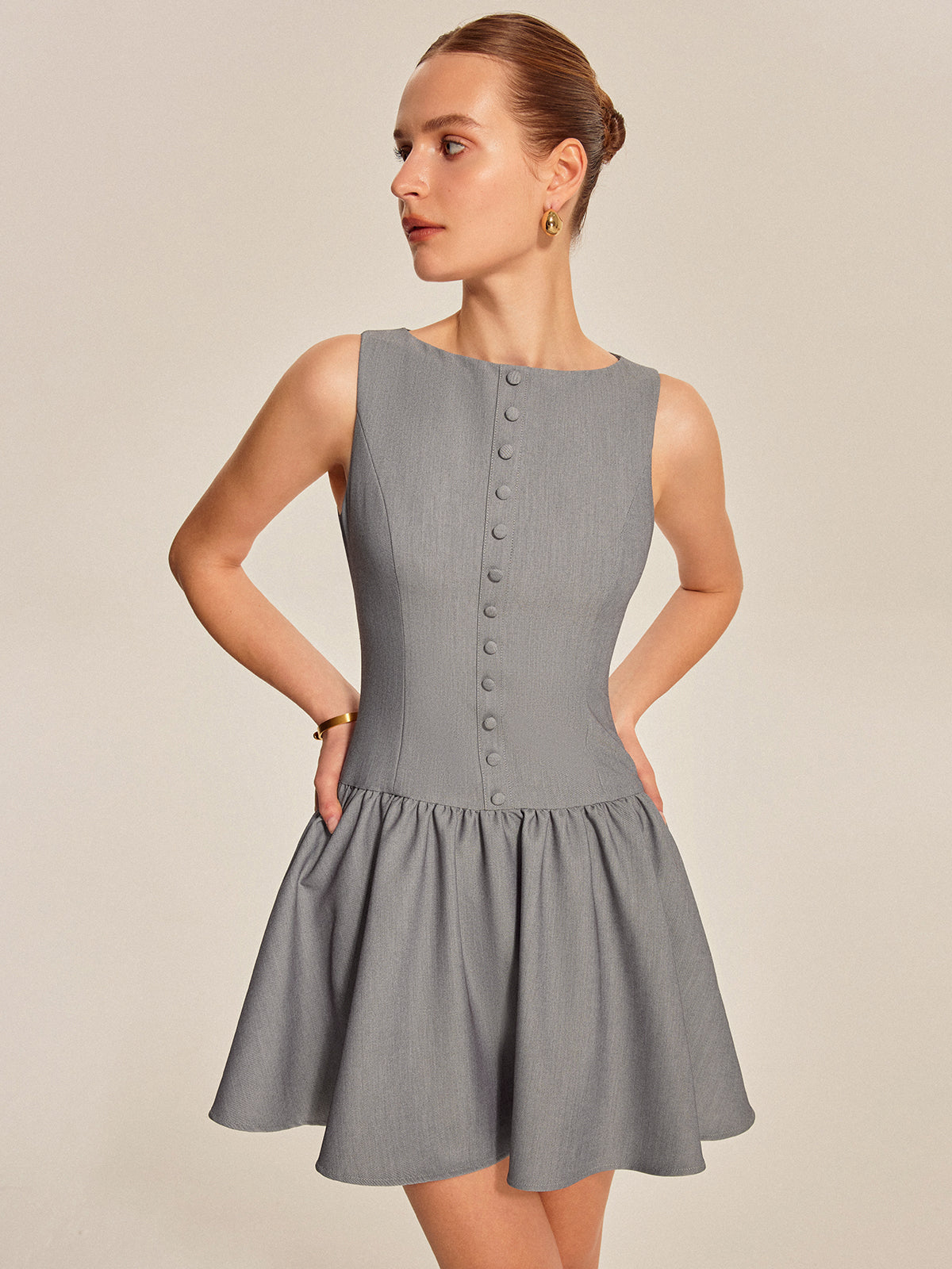 Radibloom Button Front Pleated Sleeveless Dress