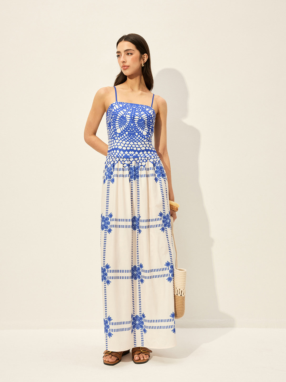 Verstellbares Kleid mit Spaghettiträgern und Reißverschluss im Iridweave-Print