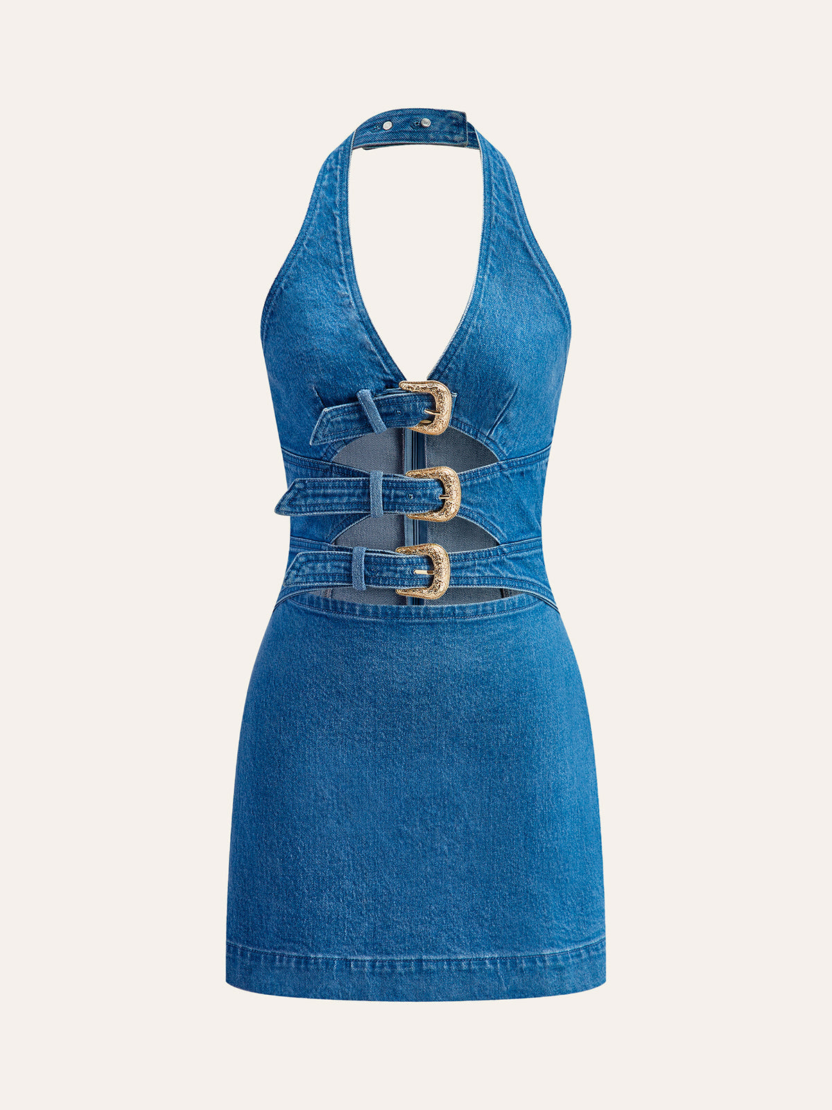 Lorys halterneckklänning med spänne och detalj i denim