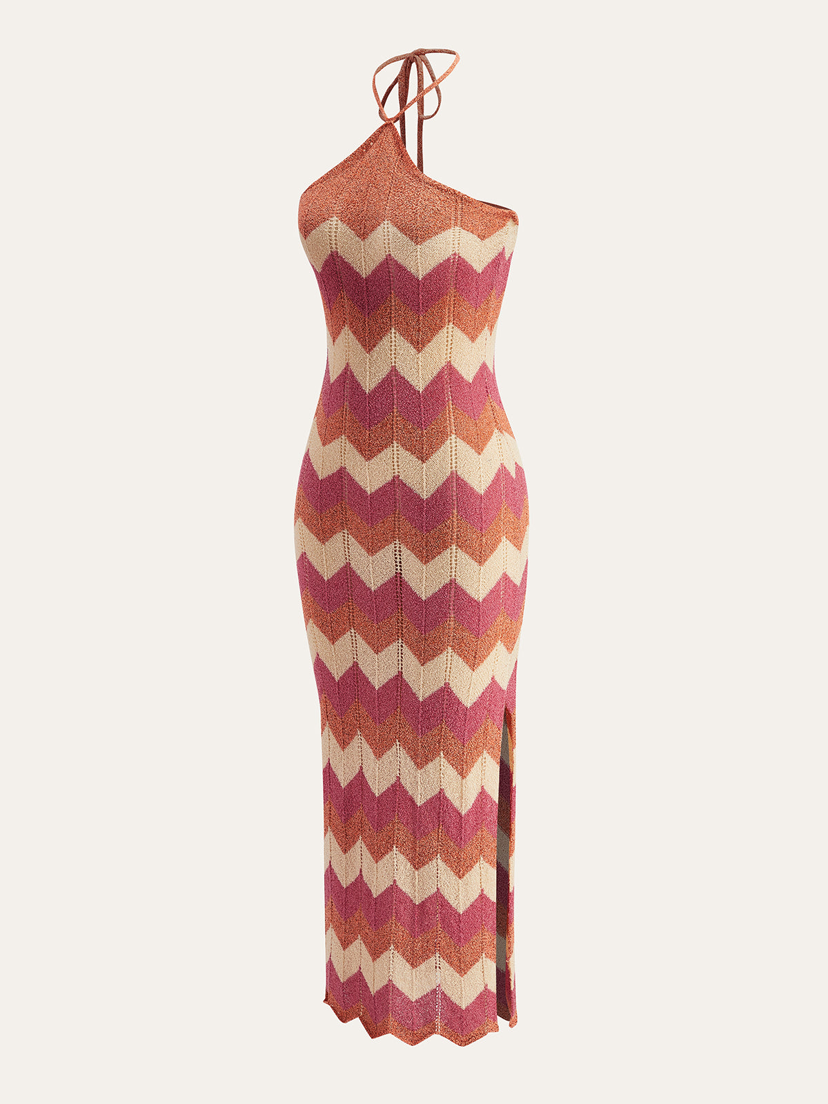 Luxarin Color Block Halter Knotted Split Sweater Dress