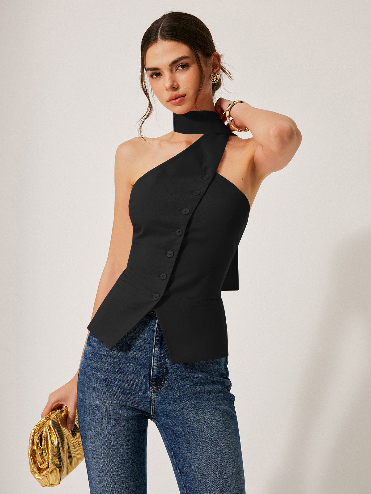 Nesira Neckholder-Top aus Baumwolle und Leinen mit dekorativen Taschen