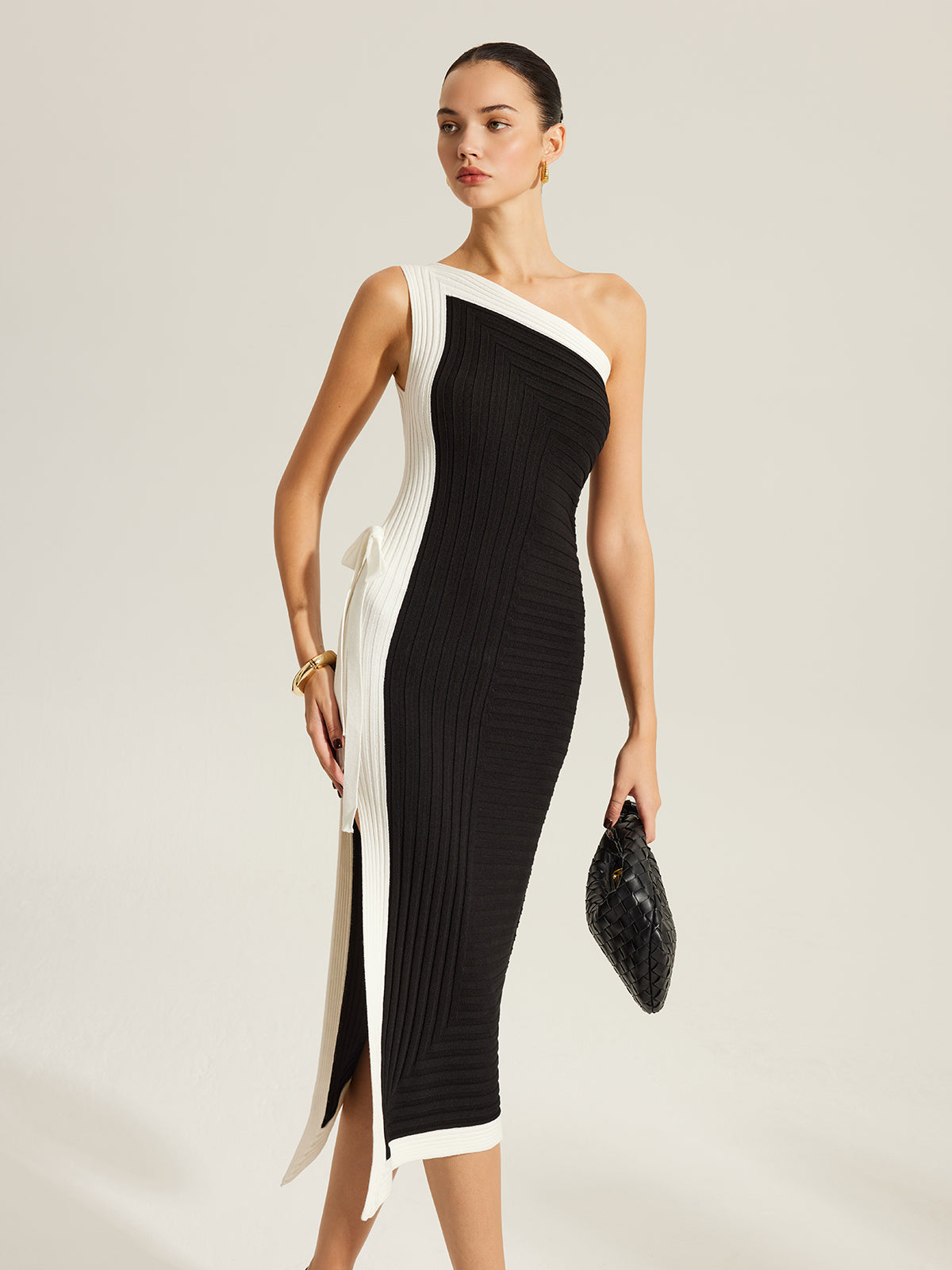 Wynvine Side Tie Color-Block One-Shoulder Knit Dress