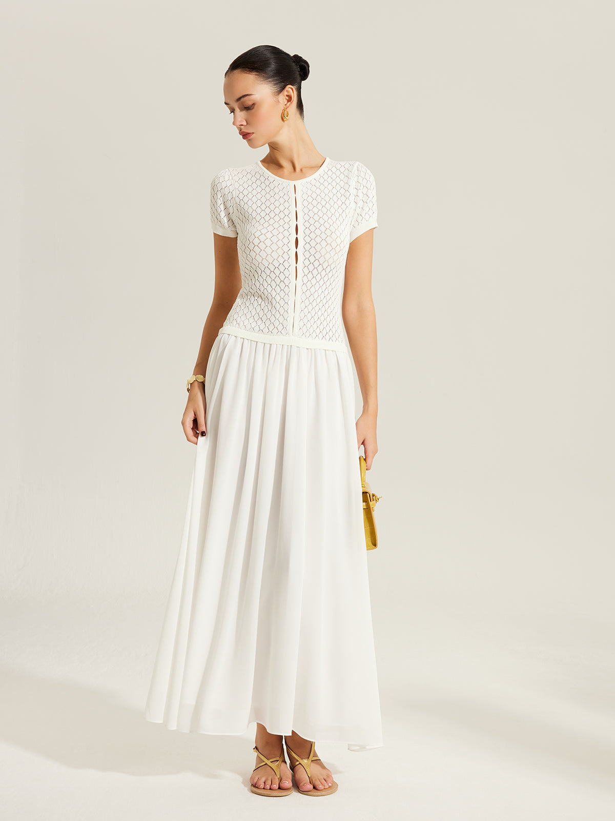 Valvys Sheer-Panel Button-Front Knit Dress