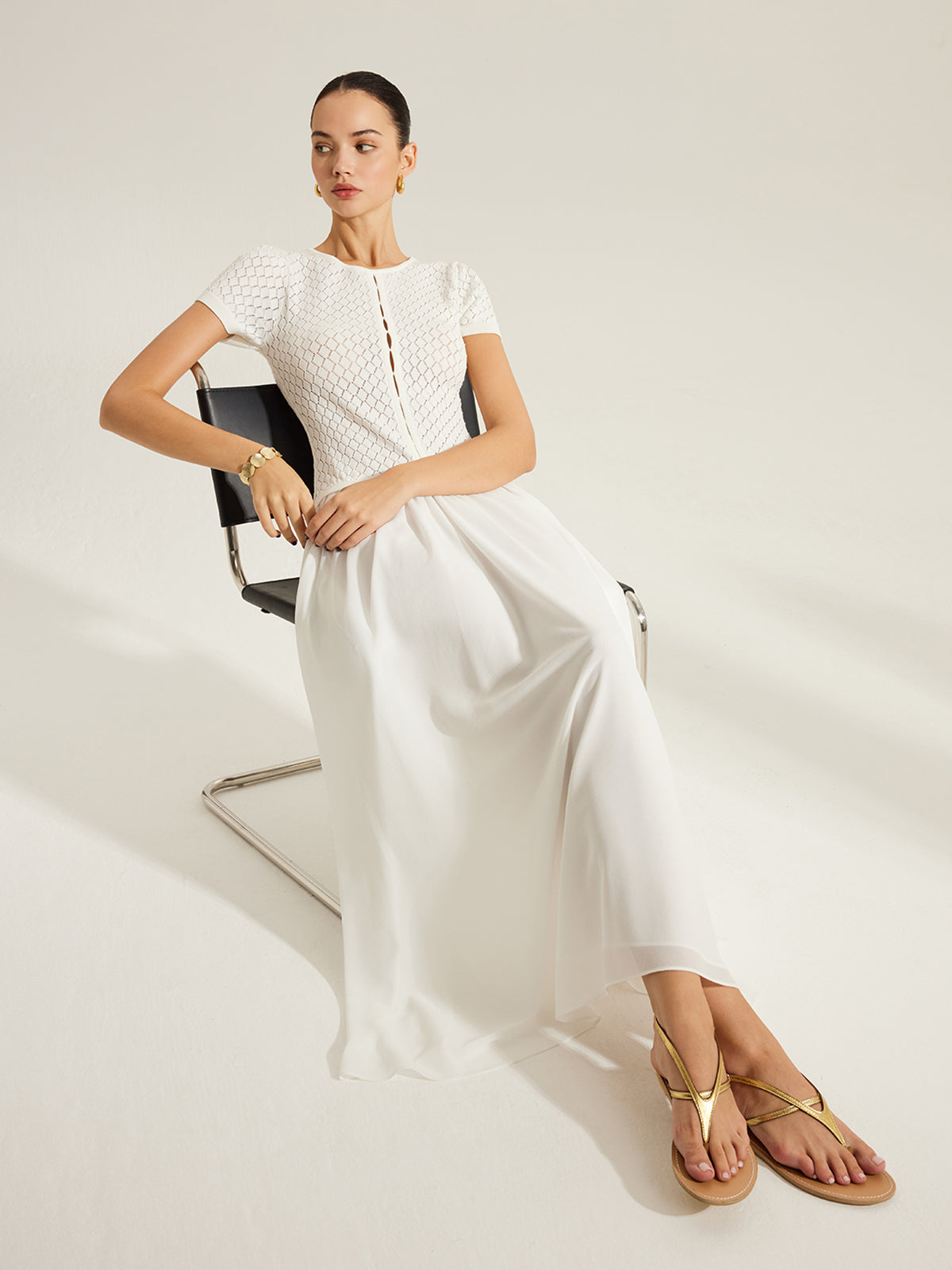 Valvys Sheer-Panel Button-Front Knit Dress