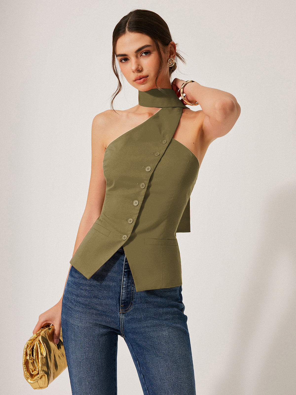 Nesira Neckholder-Top aus Baumwolle und Leinen mit dekorativen Taschen