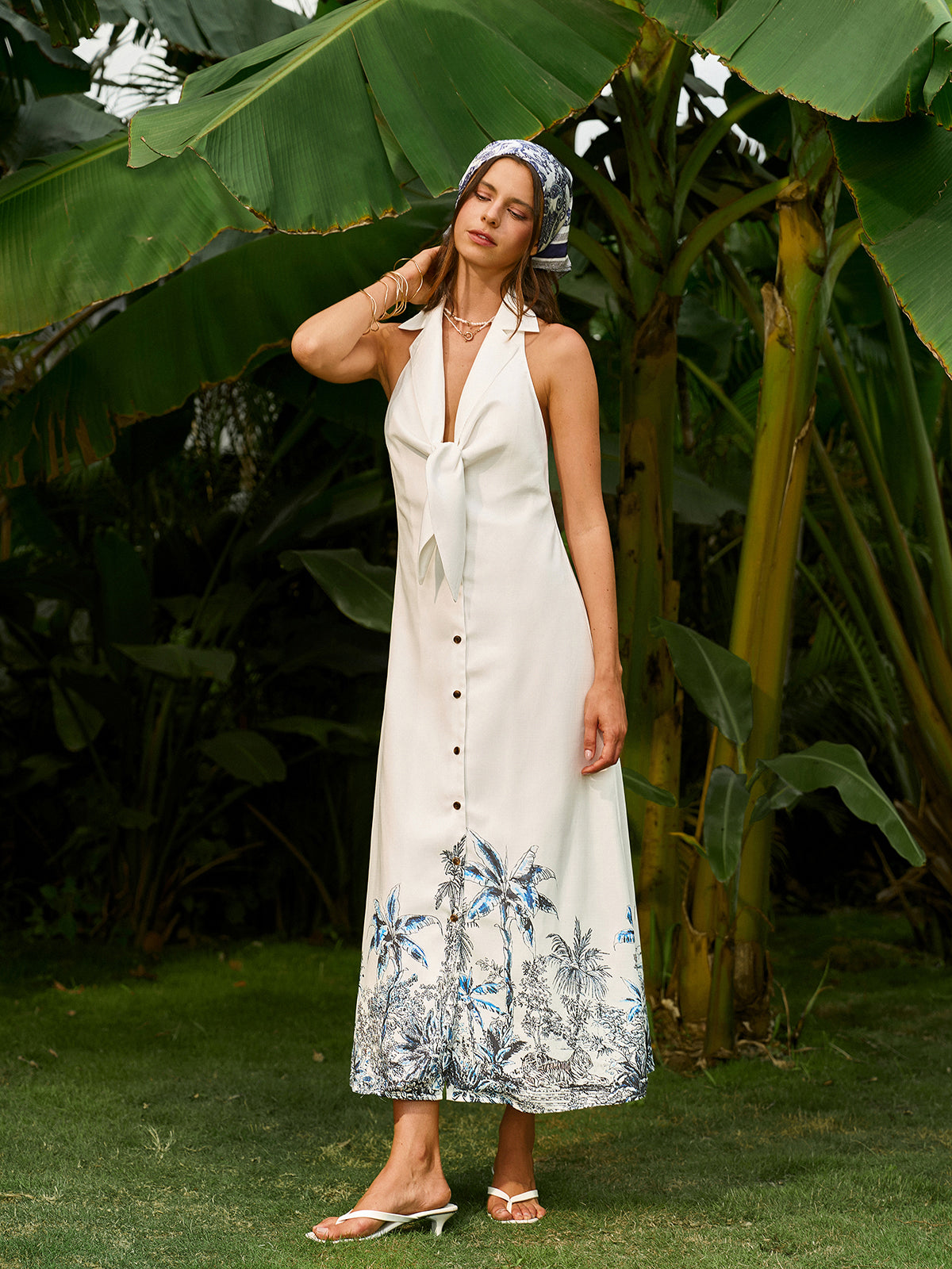Rückenfreies Boho-Kleid aus Seidengewebe mit Bindeband vorne