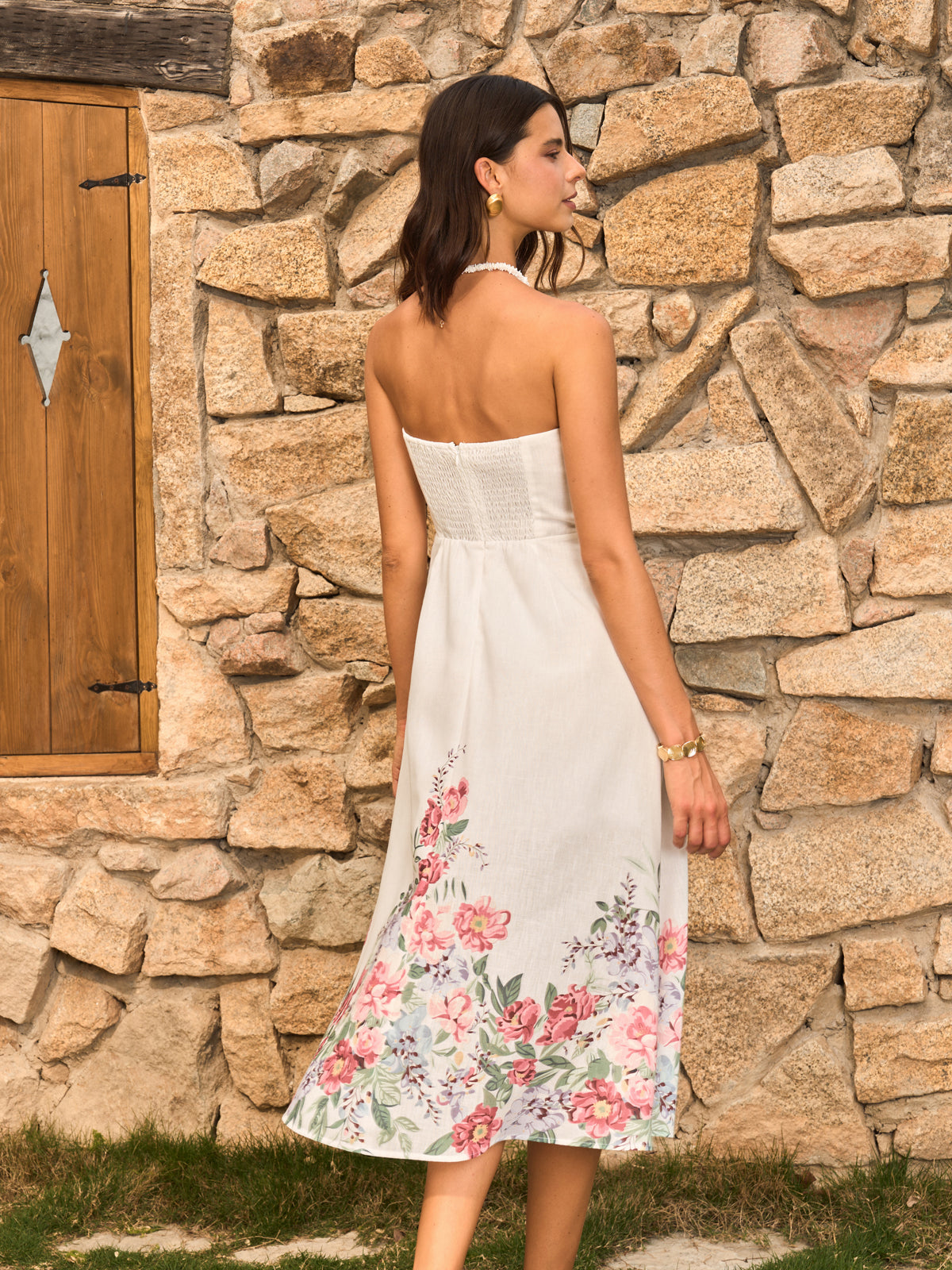 Shimdust – Trägerloses Kleid mit Blumenmuster und dekorativen Knöpfen