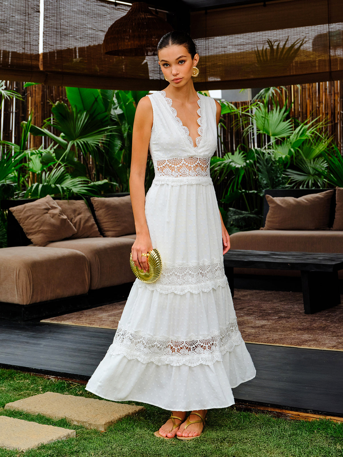 Star Semi-Sheer Lace Trim V-Neck Dress