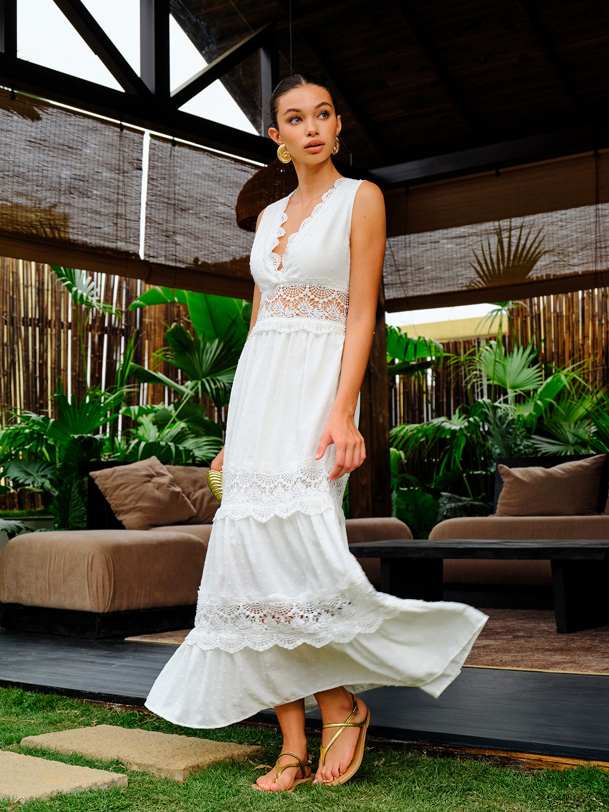 Star Semi-Sheer Lace Trim V-Neck Dress