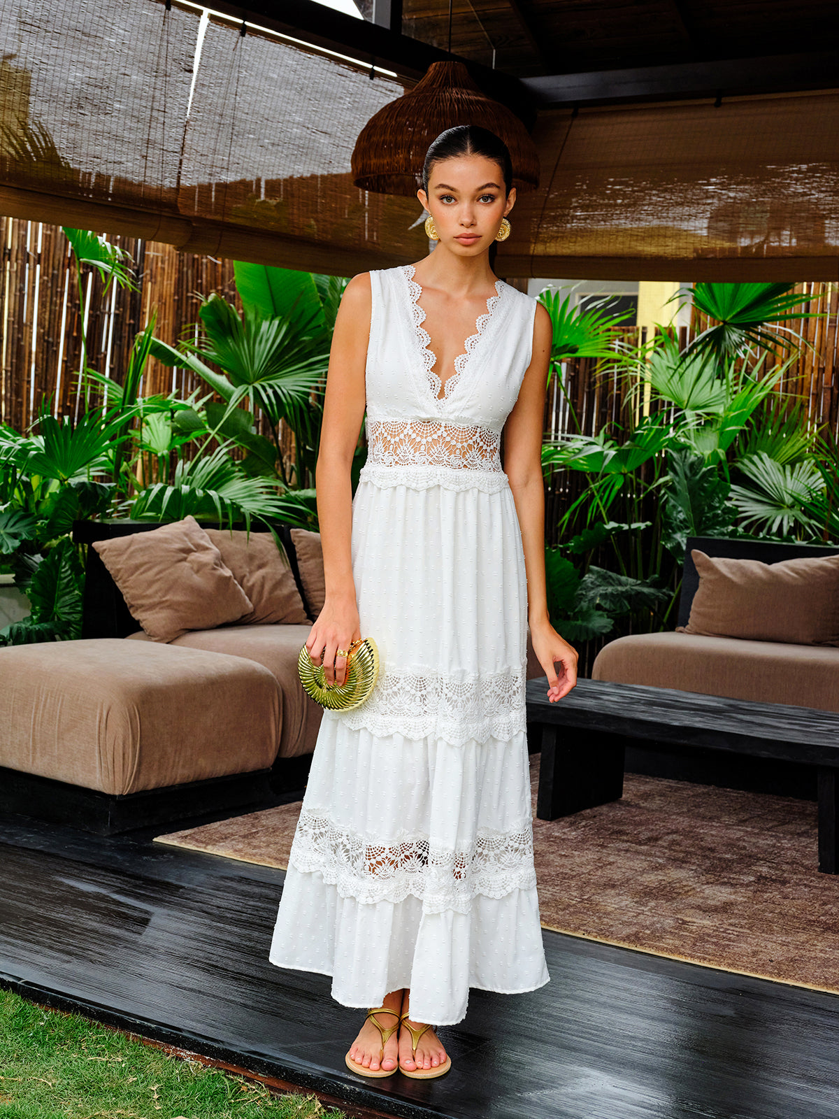 Star Semi-Sheer Lace Trim V-Neck Dress