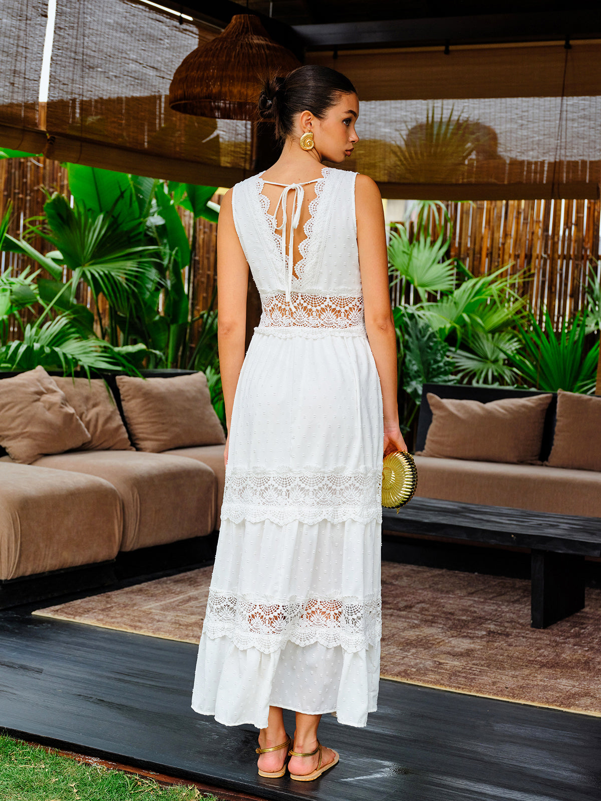 Star Semi-Sheer Lace Trim V-Neck Dress