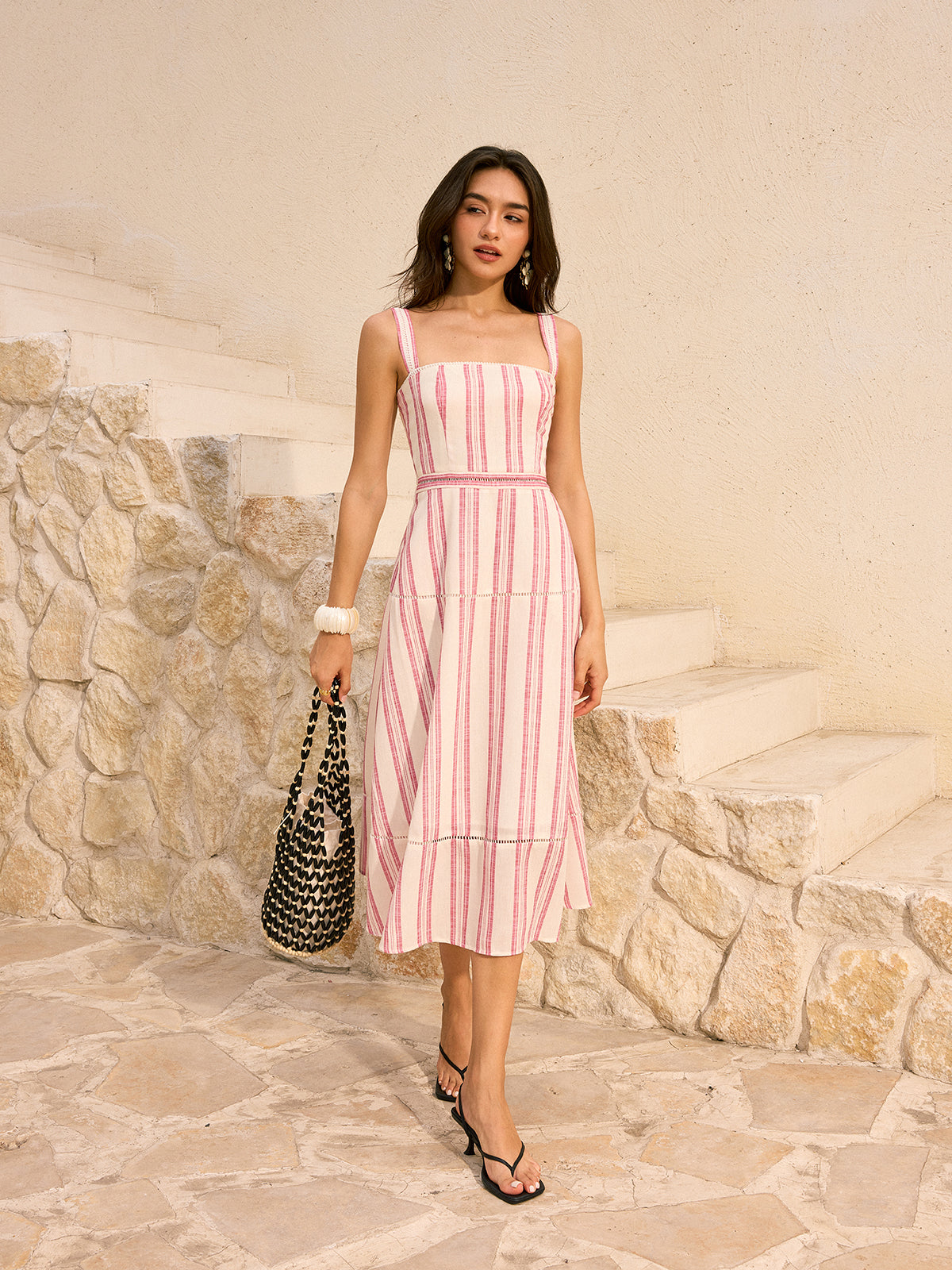 Gestreiftes Midikleid „Moreth“ aus Leinen und Baumwolle