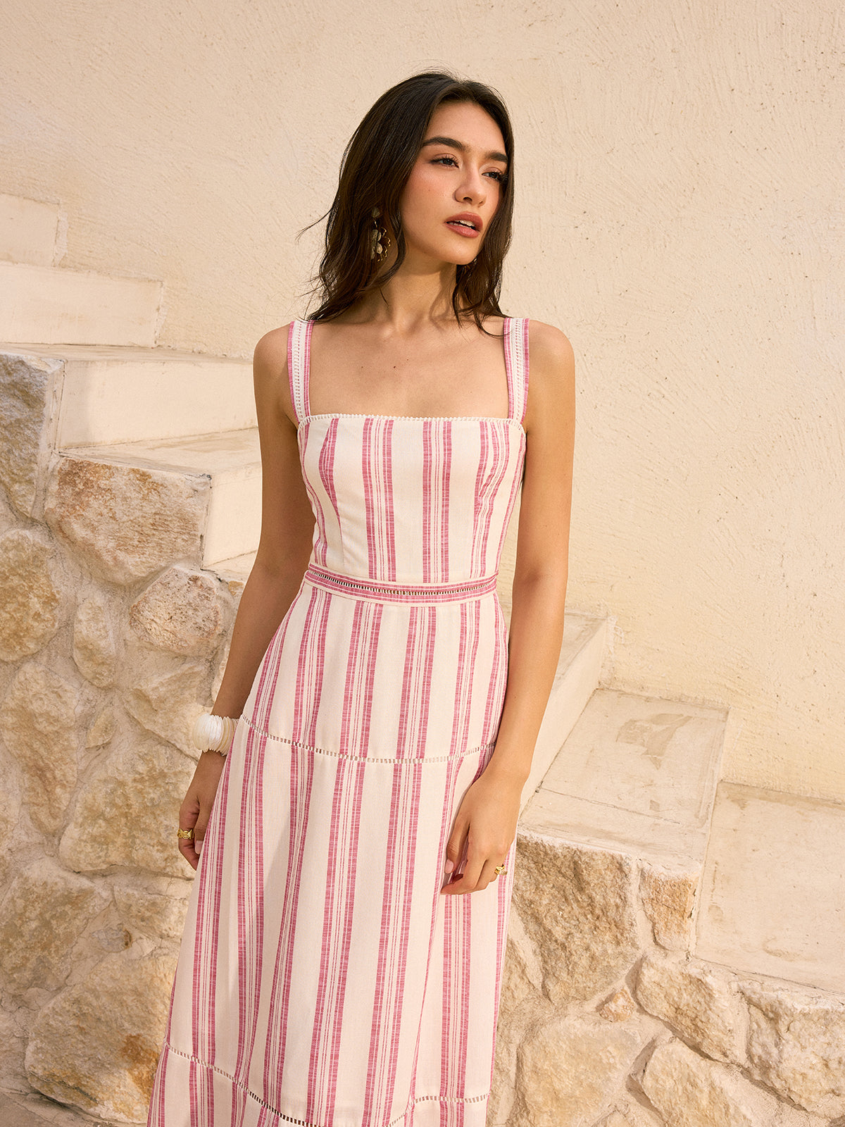 Gestreiftes Midikleid „Moreth“ aus Leinen und Baumwolle