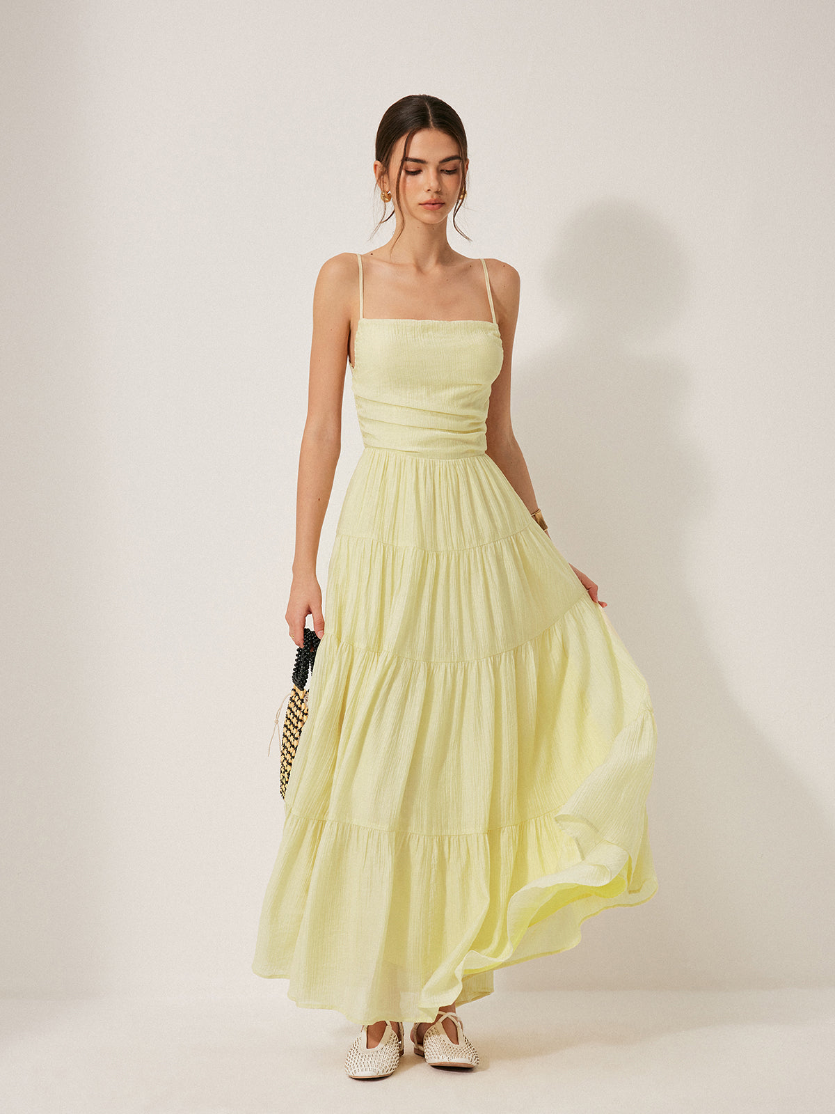 Qelian Pleated Backless Tiered Cami Dress