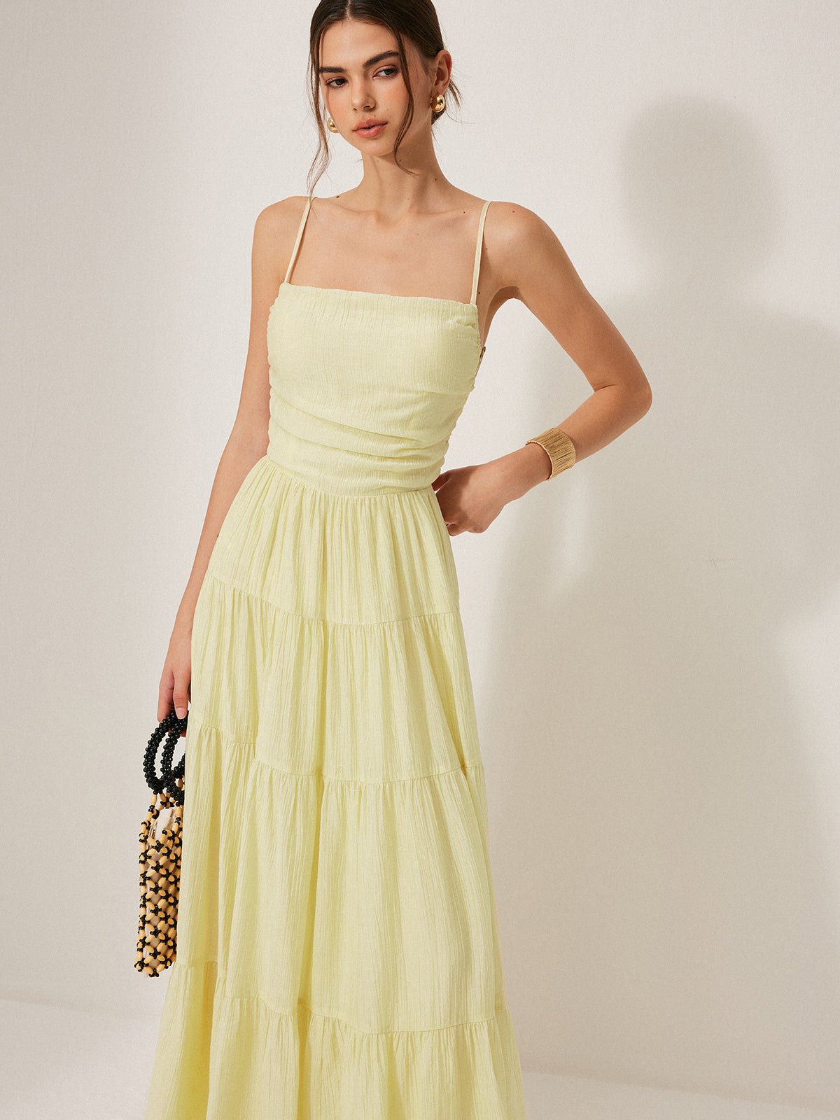 Qelian Pleated Backless Tiered Cami Dress