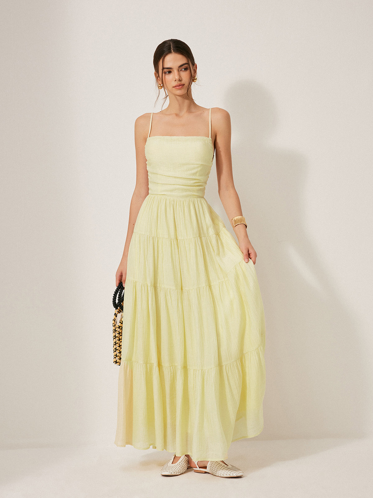 Qelian Pleated Backless Tiered Cami Dress