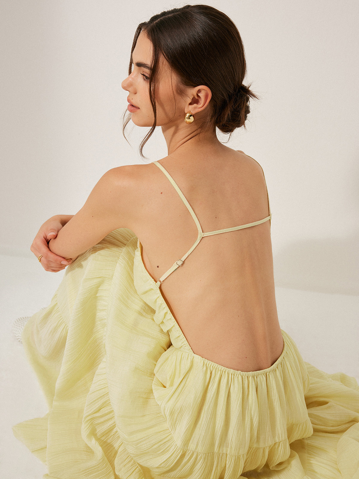 Qelian Pleated Backless Tiered Cami Dress
