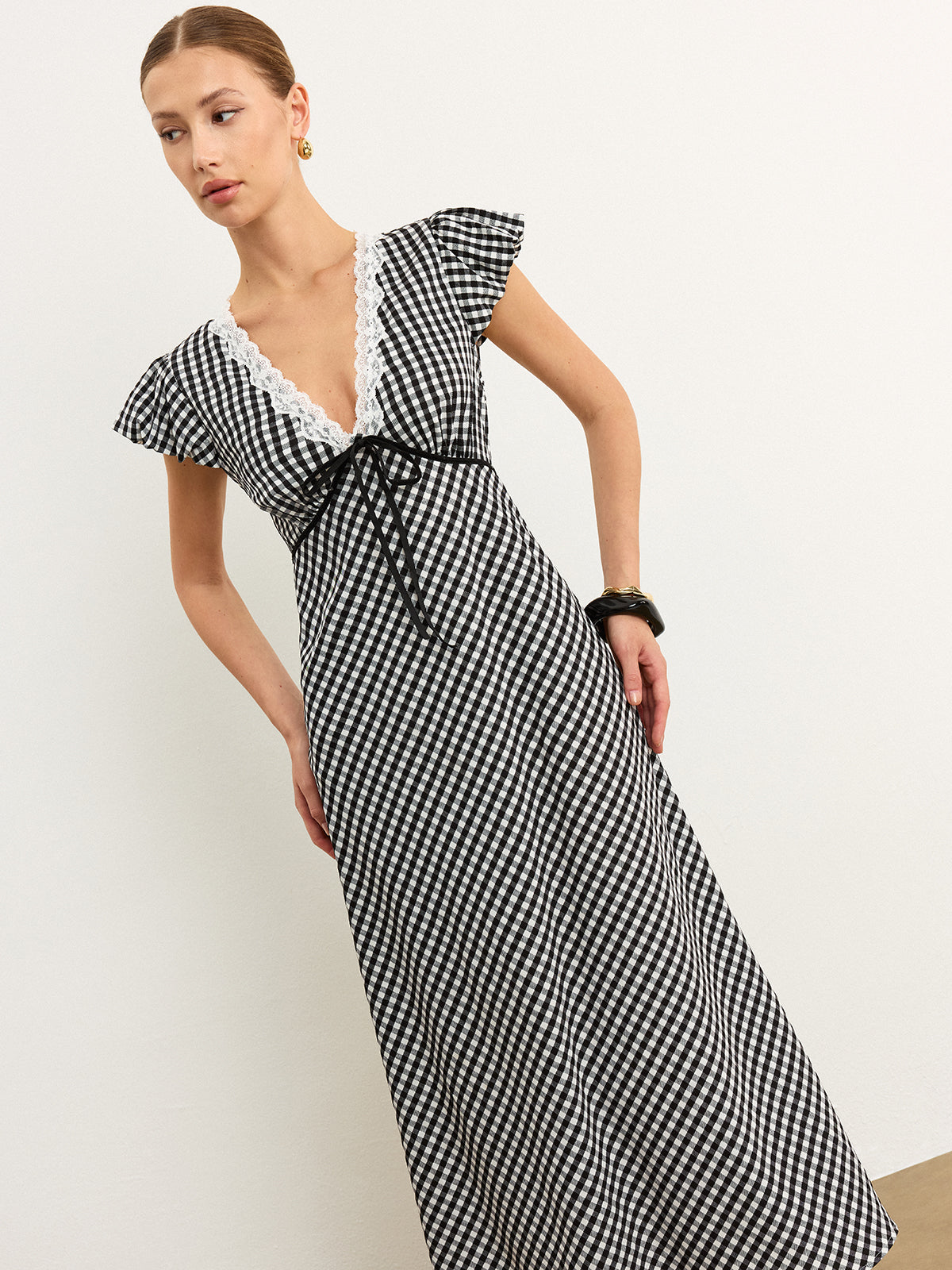 Divinara Gingham-midiklänning med spetskant