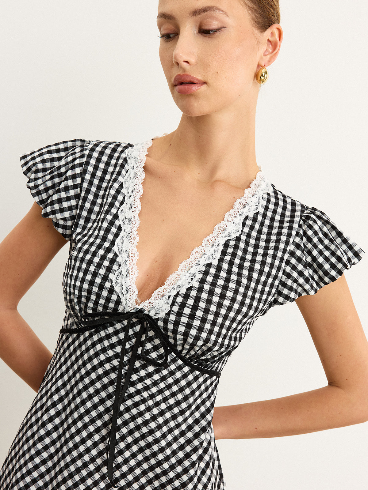Divinara Gingham-midiklänning med spetskant
