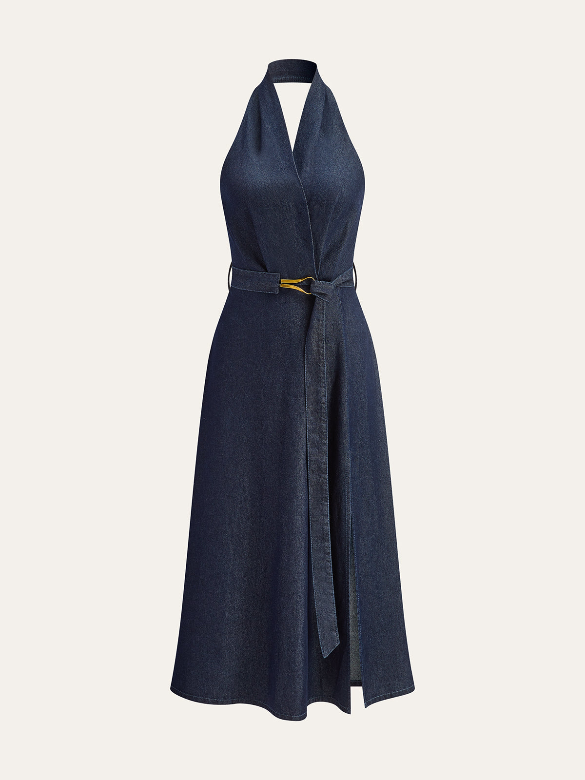 Aldris Denim Midiklänning med skärp och halterneck