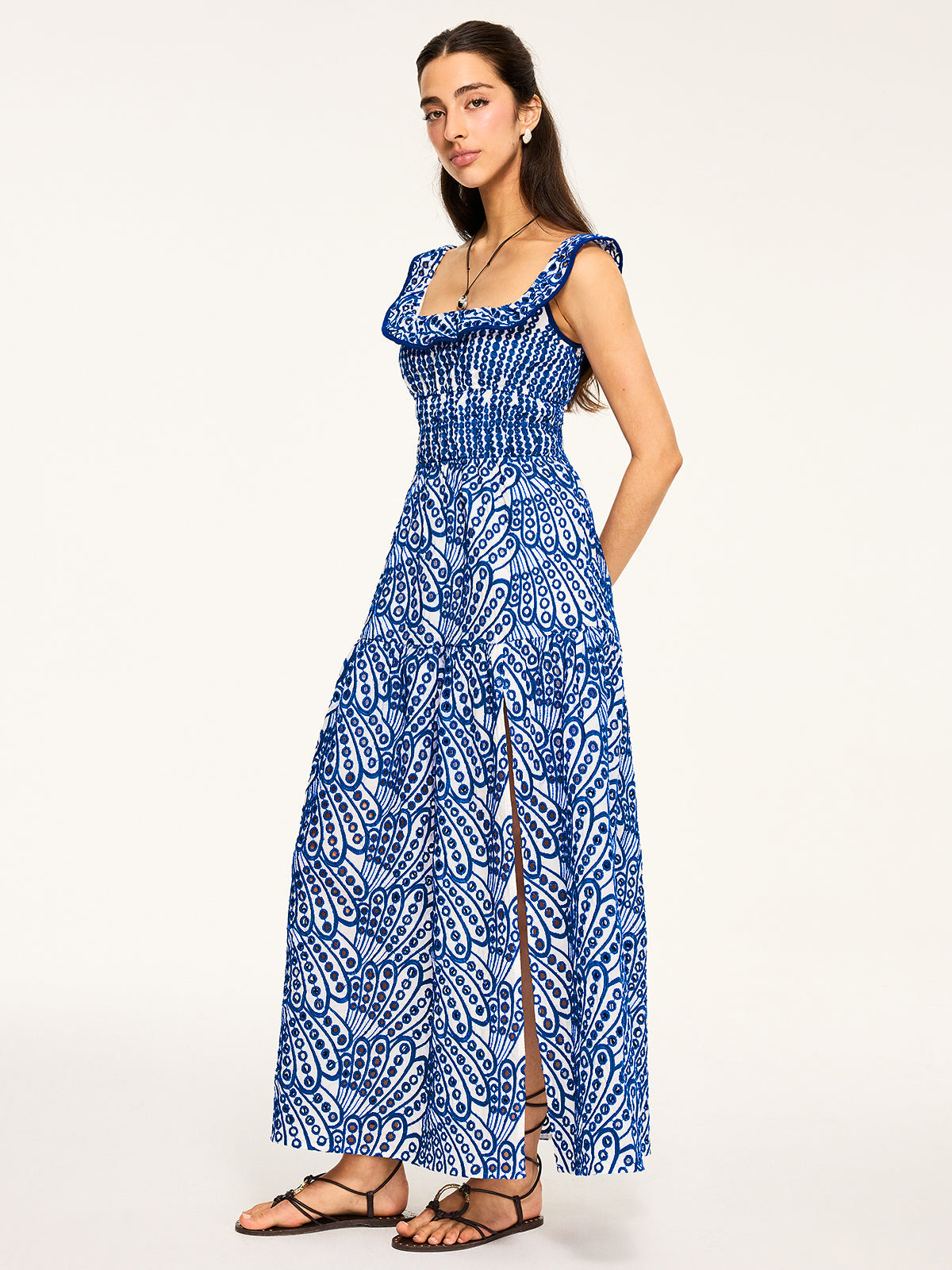 Halbtransparentes Maxikleid mit Stickereien und Rüschenbesatz „Starfire“