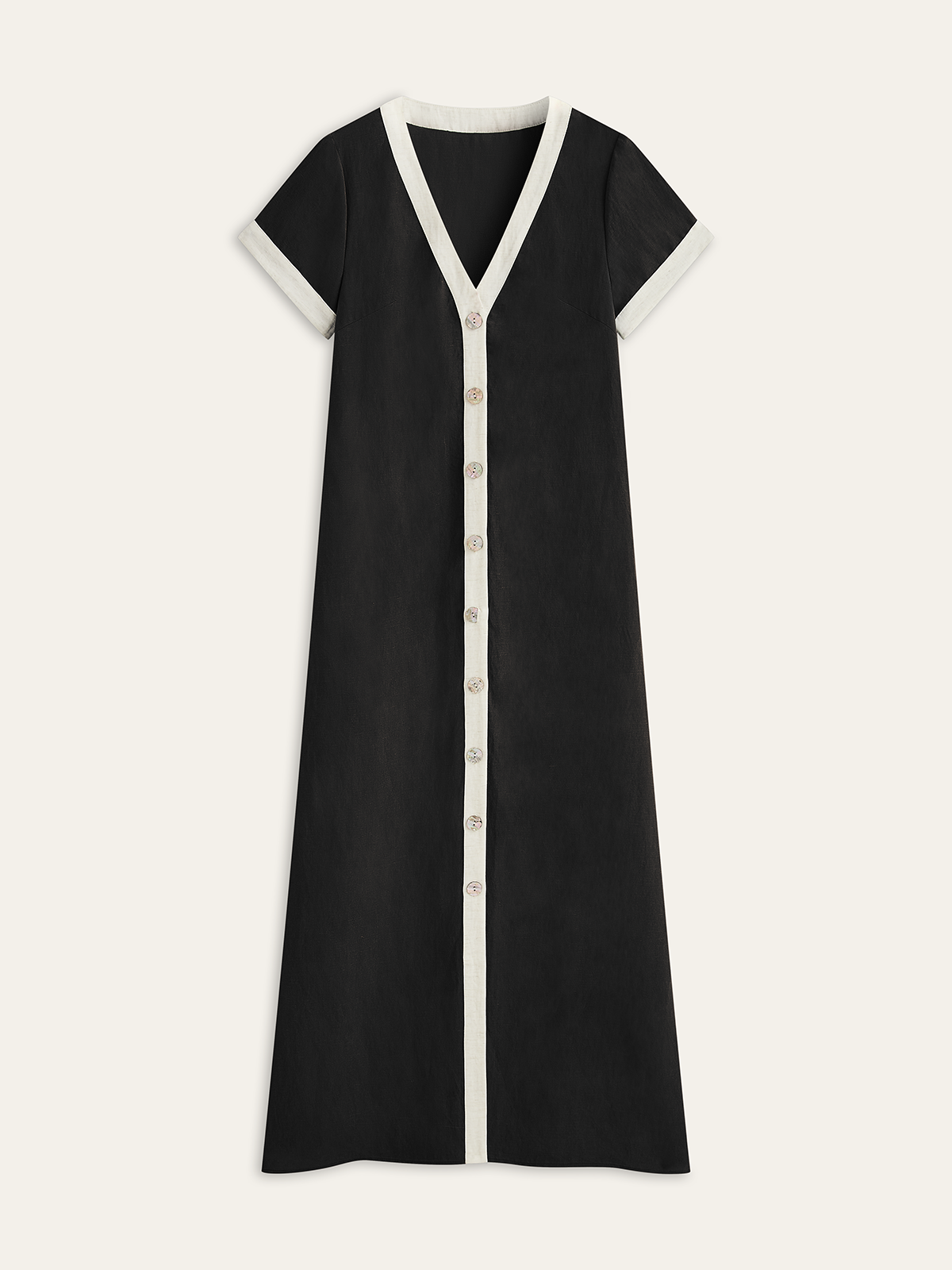 LŽva Kleid aus Baumwolle und Leinen mit hohem Schlitz und Kontrastbesatz