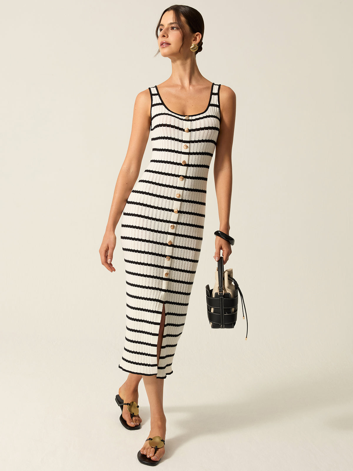 ZŽline Striped Knit Midi Dress with Front Buttons and Slit Detail