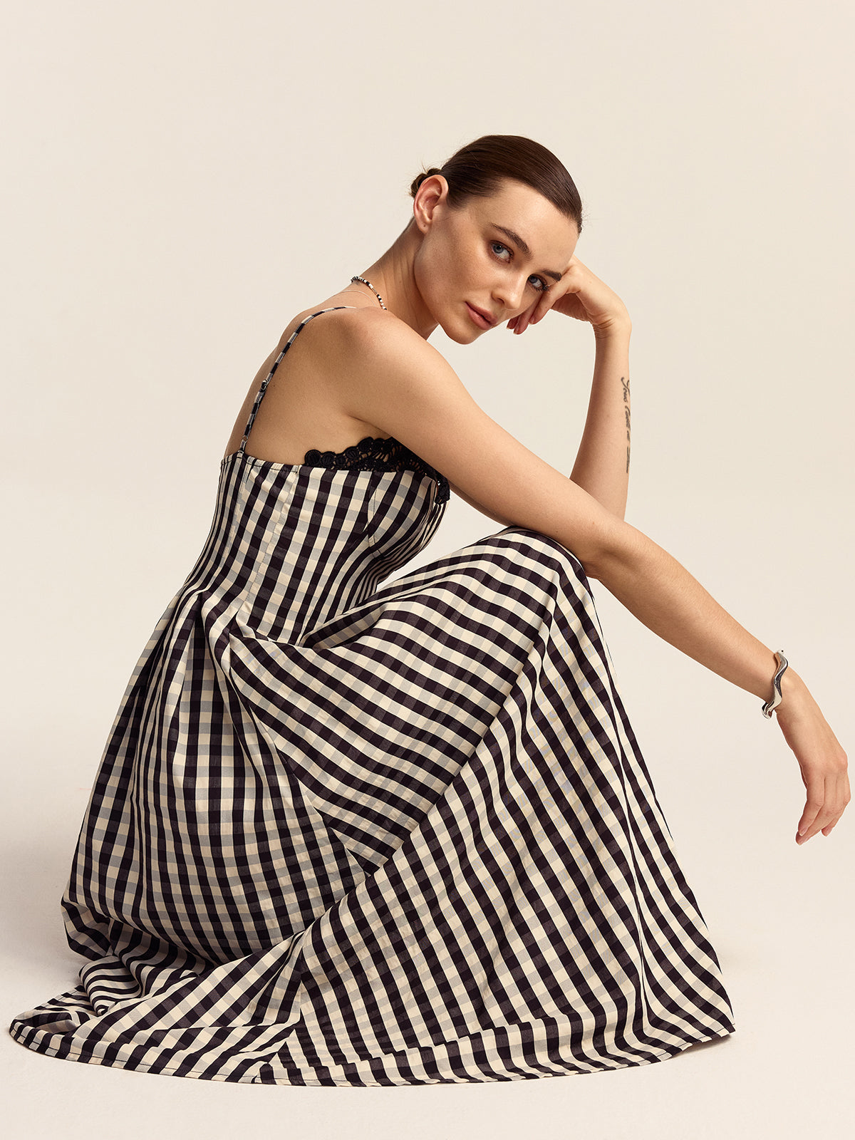 Lyrvine Gingham Spaghetti Strap Midi Dress with Lace Trim