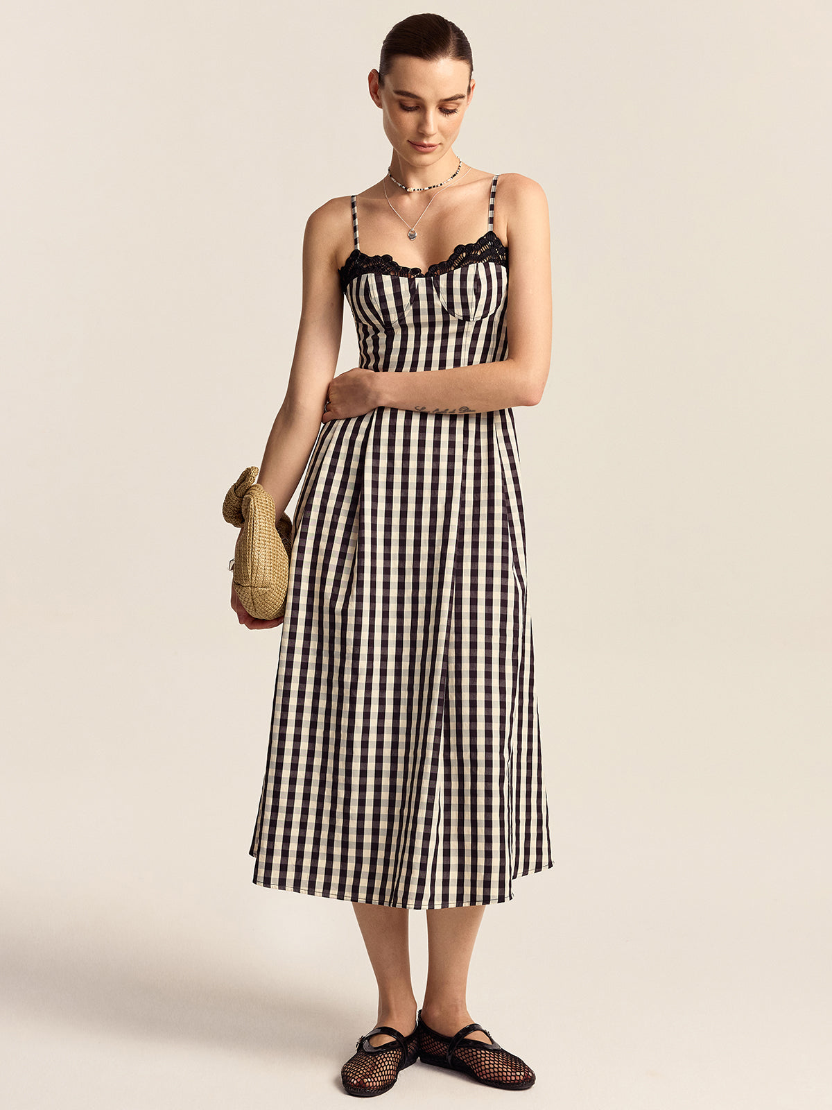 Lyrvine Gingham Spaghetti Strap Midi Dress with Lace Trim