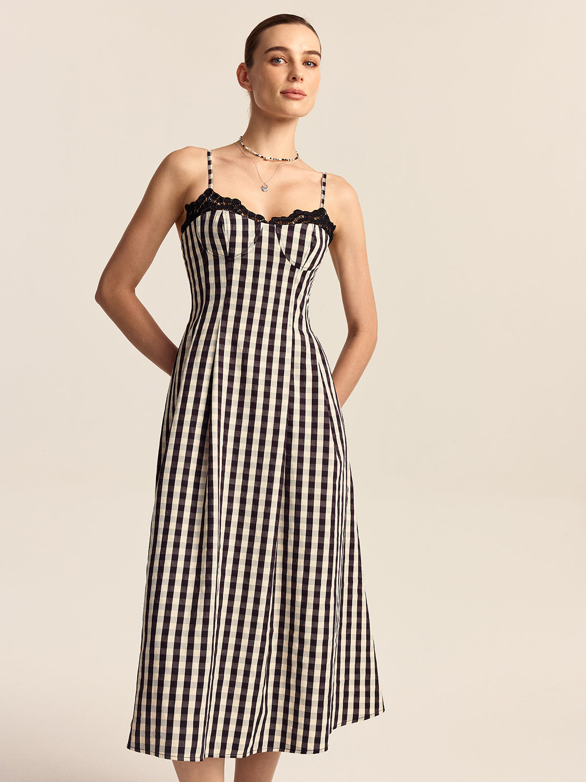 Lyrvine Gingham Spaghetti Strap Midi Dress with Lace Trim