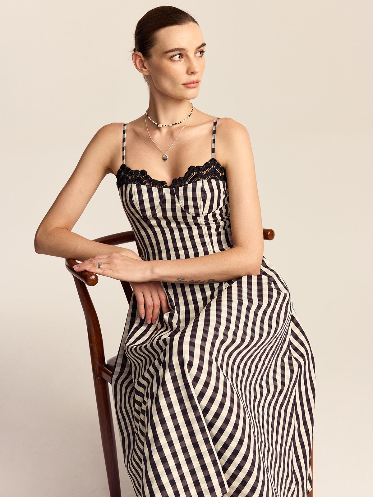 Lyrvine Gingham Spaghetti Strap Midi Dress with Lace Trim